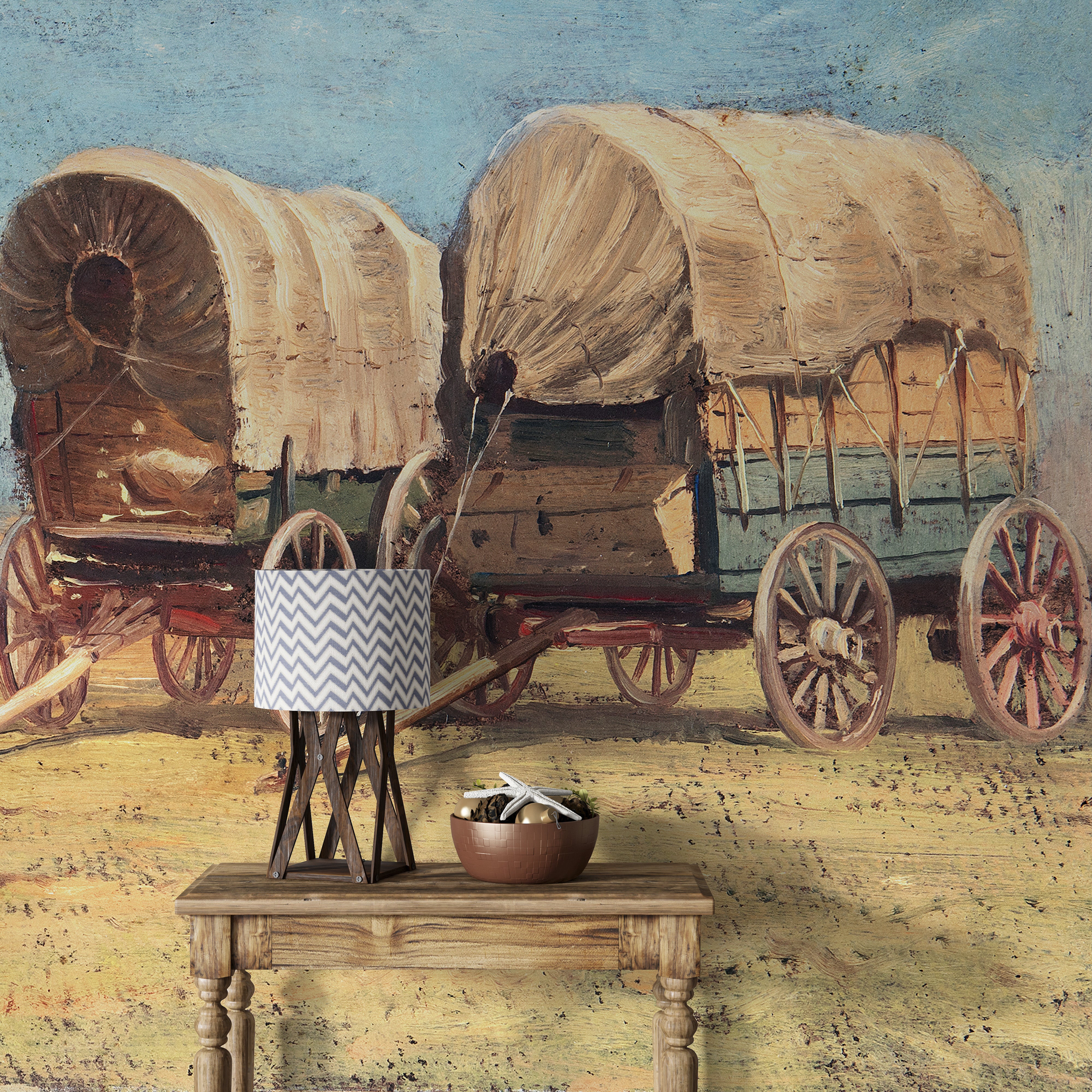 Mural de pared con temática de vaqueros del Oeste. Estudio de carros cubiertos de Samuel Colman. Obra de arte en pintura. Papel tapiz autoadhesivo. N.º 6339