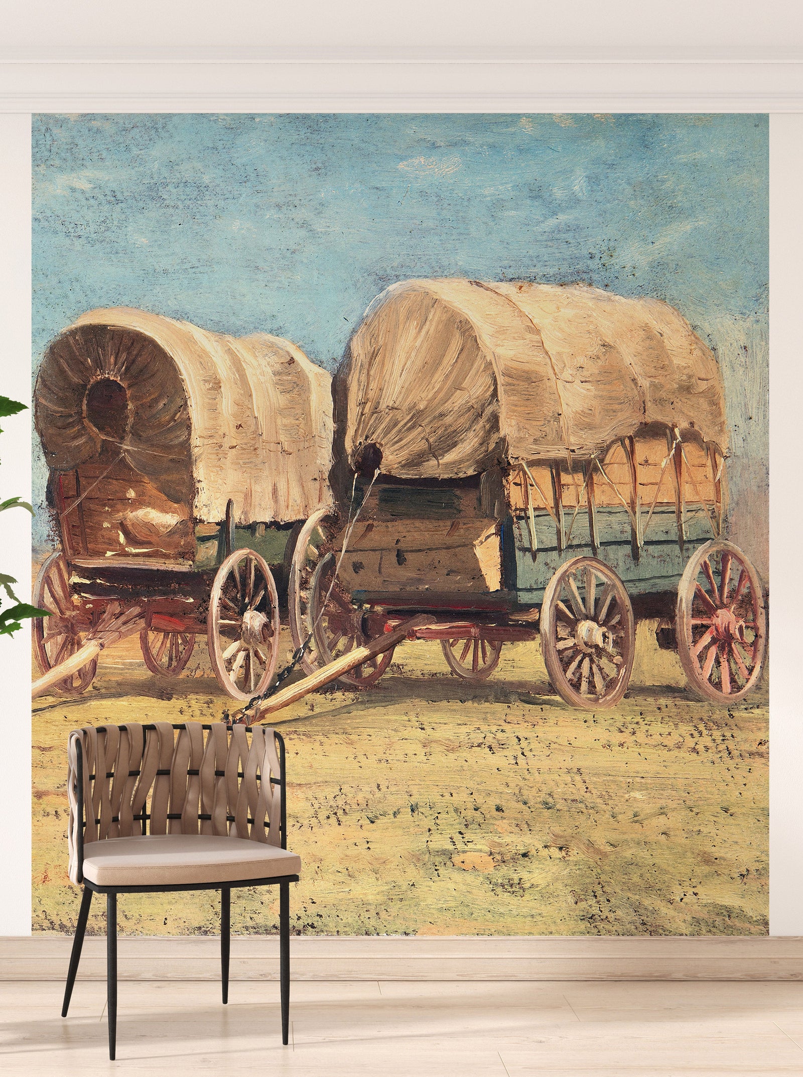 Mural de pared con temática de vaqueros del Oeste. Estudio de carros cubiertos de Samuel Colman. Obra de arte en pintura. Papel tapiz autoadhesivo. N.º 6339