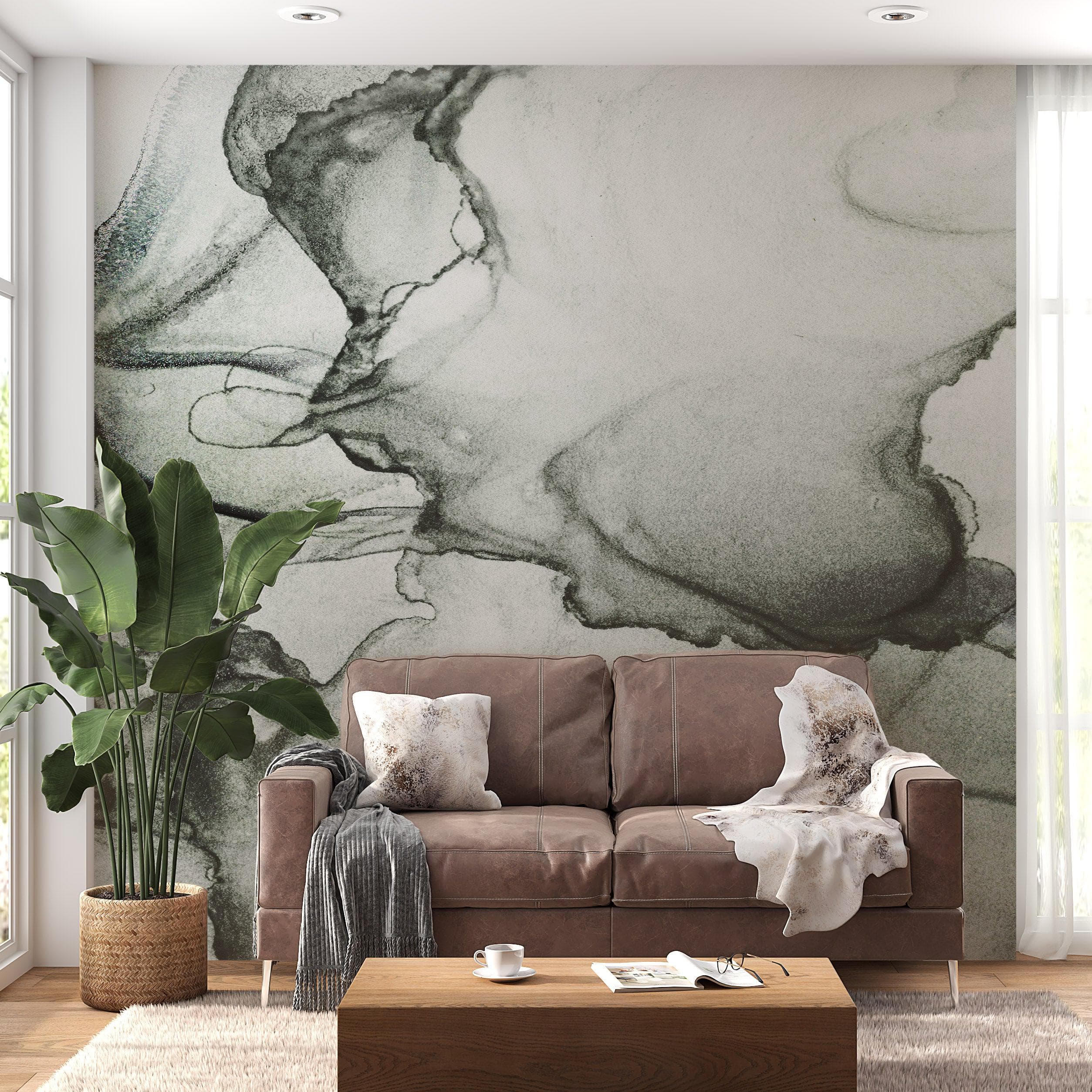 Mural abstracto de tinta de alcohol fluida en blanco y negro. Papel pintado autoadhesivo. #6341