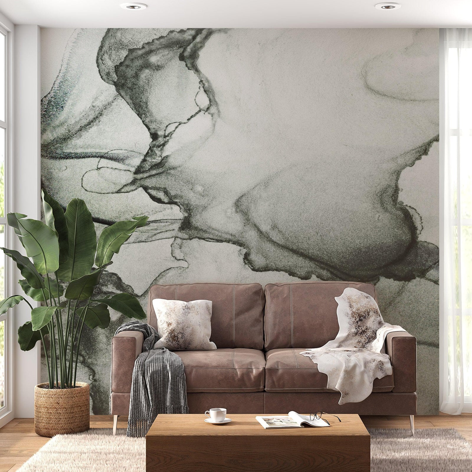 Mural abstracto de tinta de alcohol fluida en blanco y negro. Papel pintado autoadhesivo. #6341