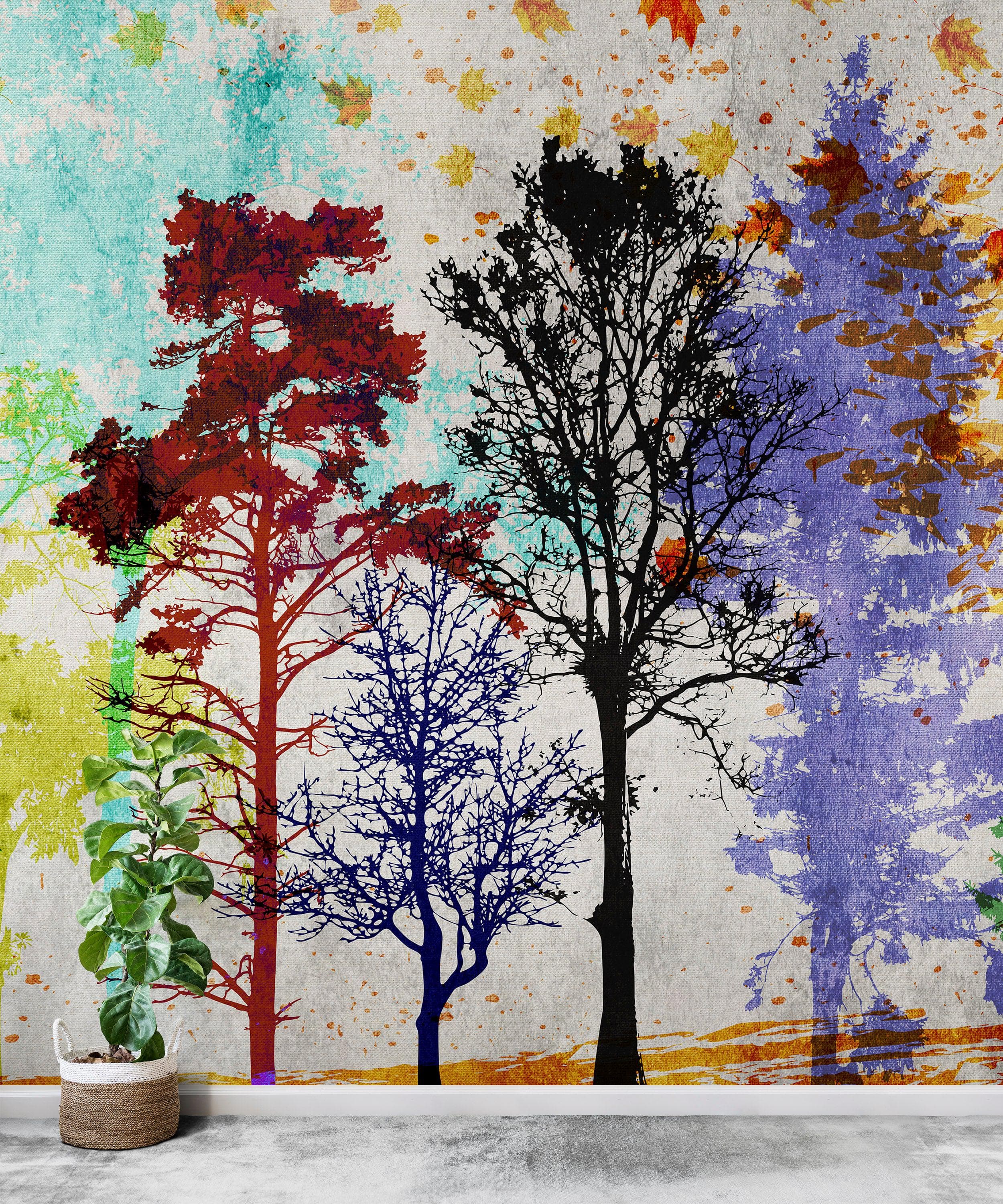 Mural de pared con árboles del bosque. Impresión abstracta en color. Papel tapiz autoadhesivo o mural de pared extraíble. N.º 6342