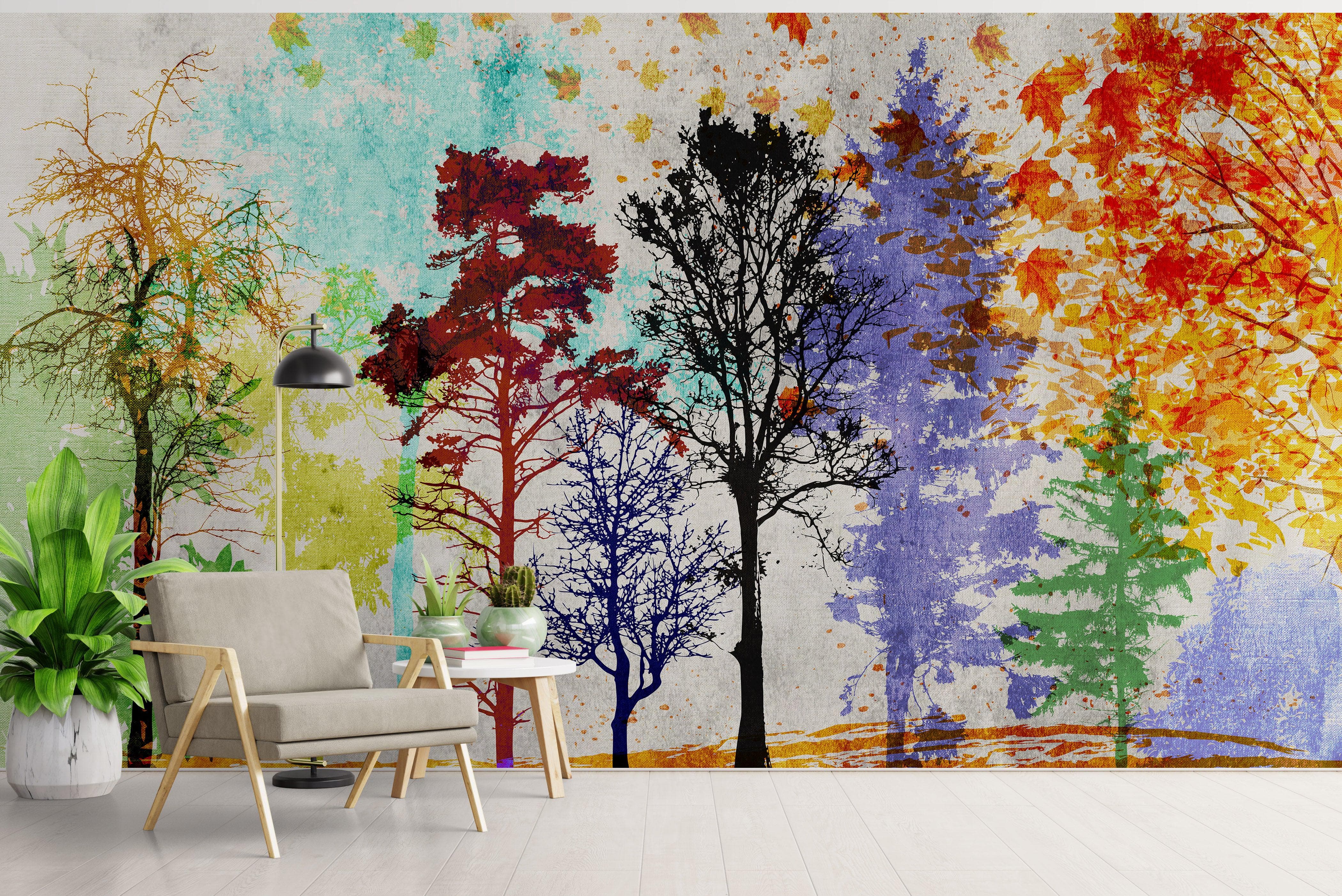 Mural de pared con árboles del bosque. Impresión abstracta en color. Papel tapiz autoadhesivo o mural de pared extraíble. N.º 6342