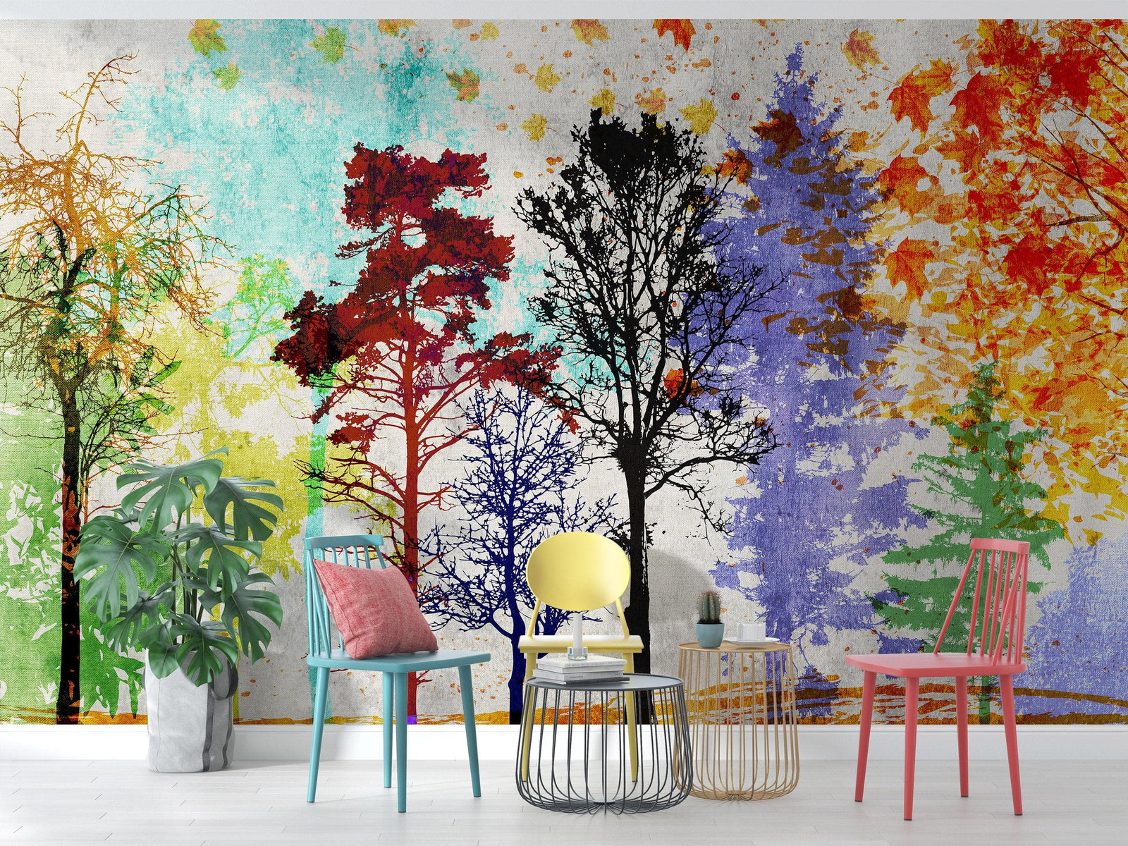 Mural de pared con árboles del bosque. Impresión abstracta en color. Papel tapiz autoadhesivo o mural de pared extraíble. N.º 6342