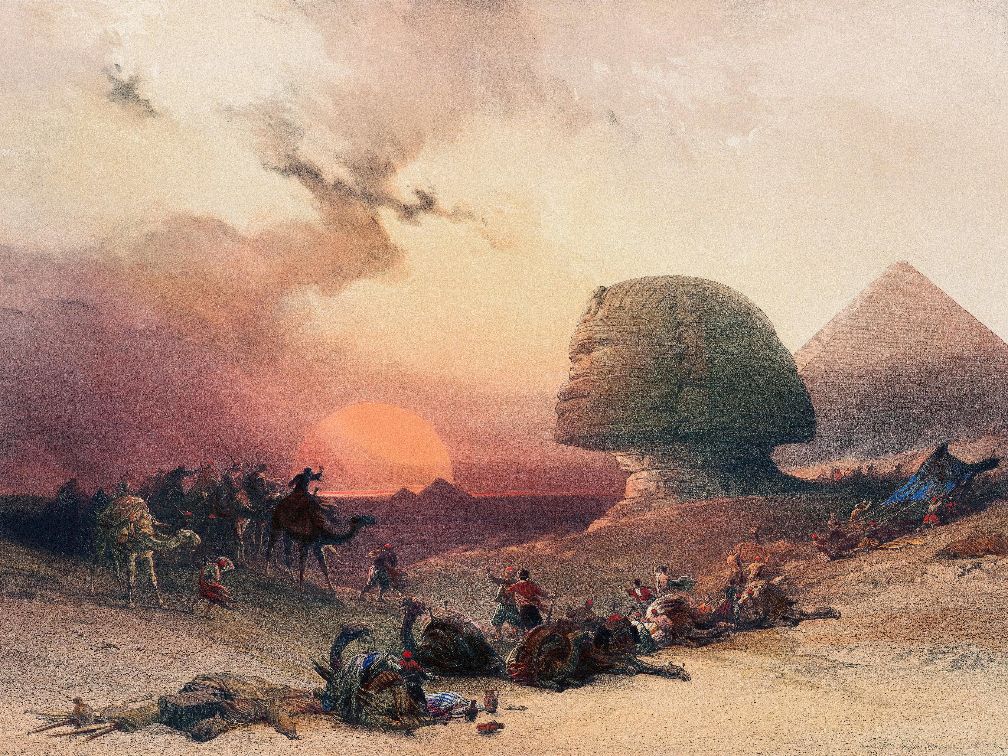 Mural de las pirámides del Antiguo Egipto. Ilustración de David Roberts sobre el acercamiento al desierto de Giza. #6343