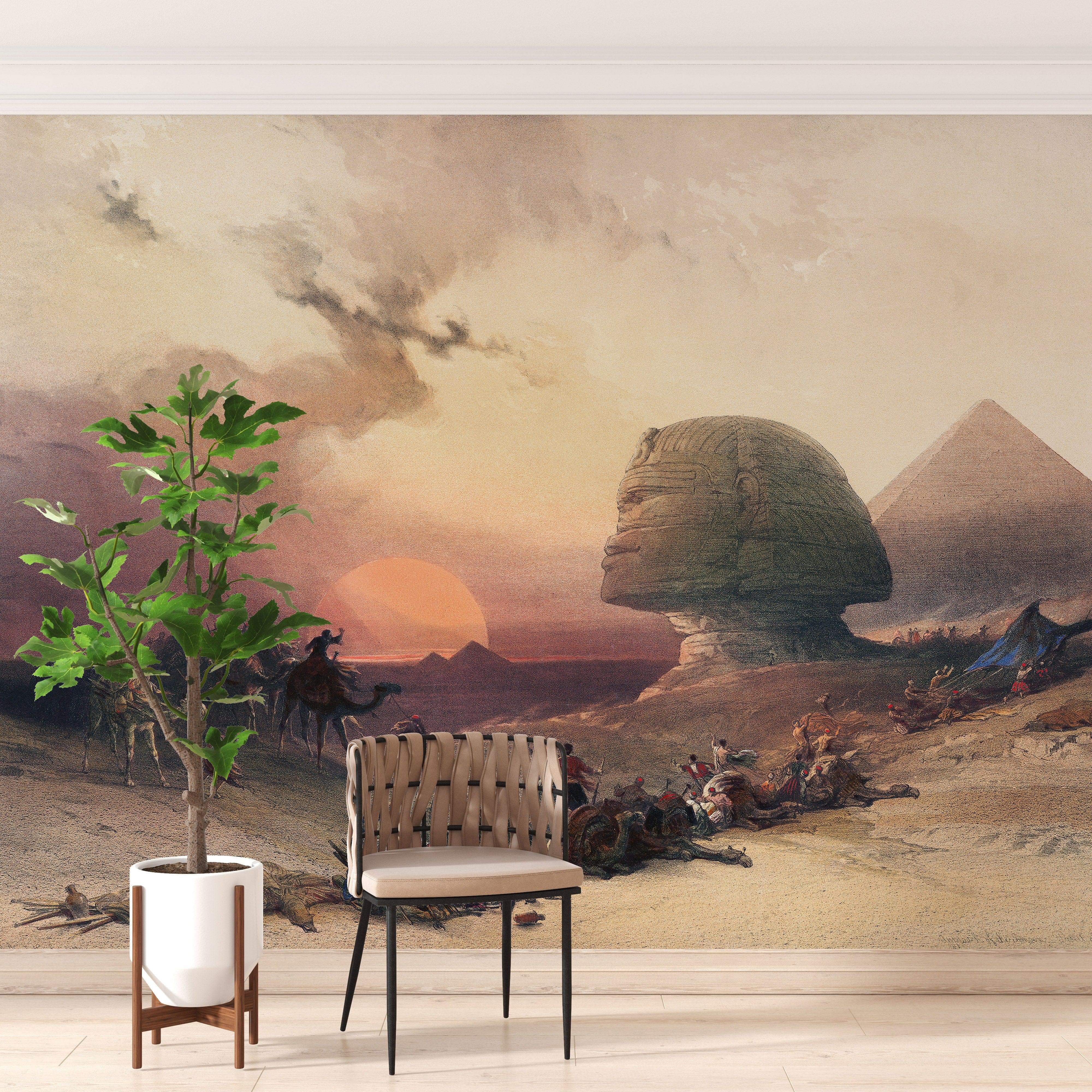 Mural de las pirámides del Antiguo Egipto. Ilustración de David Roberts sobre el acercamiento al desierto de Giza. #6343