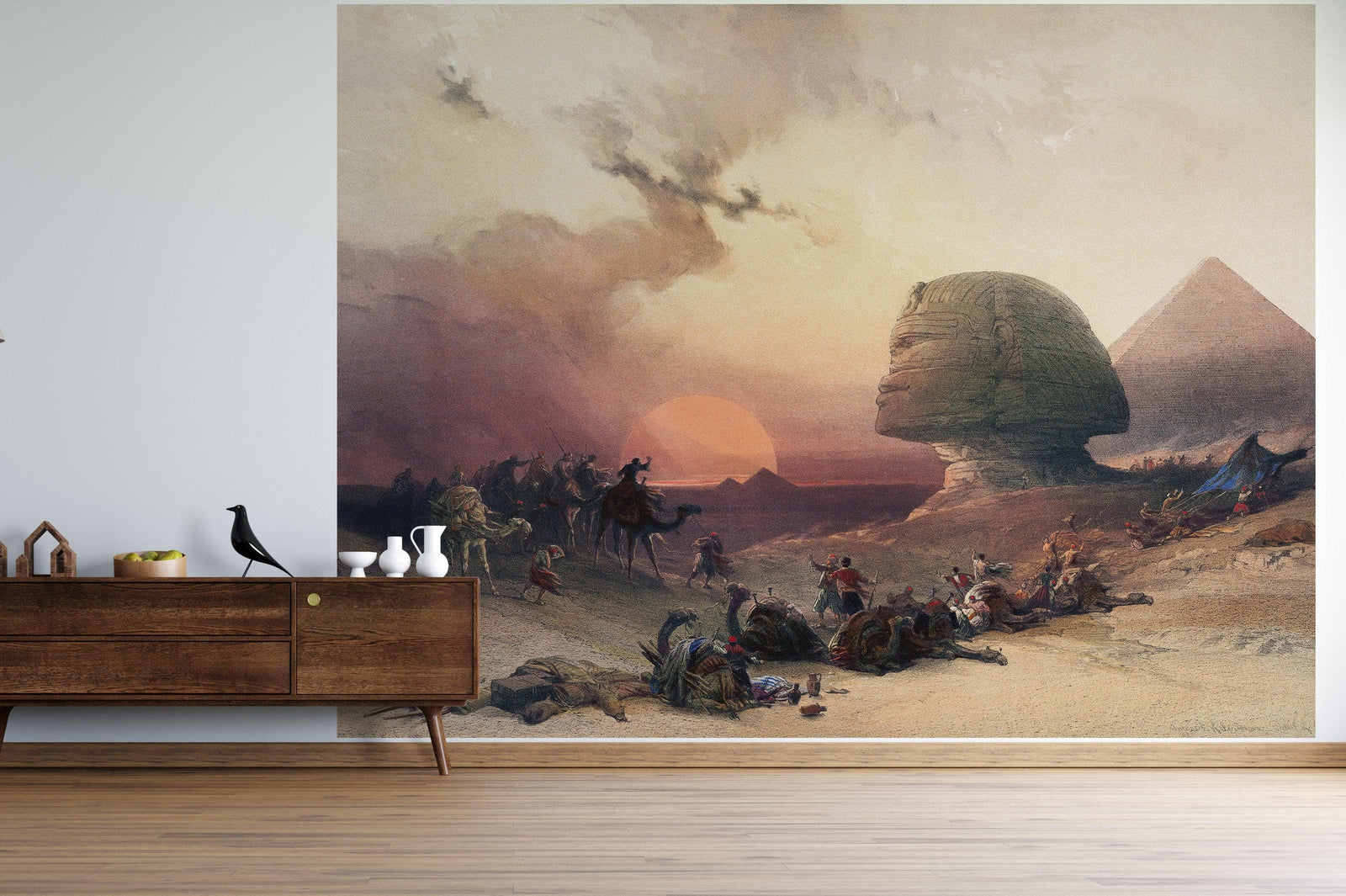 Mural de las pirámides del Antiguo Egipto. Ilustración de David Roberts sobre el acercamiento al desierto de Giza. #6343