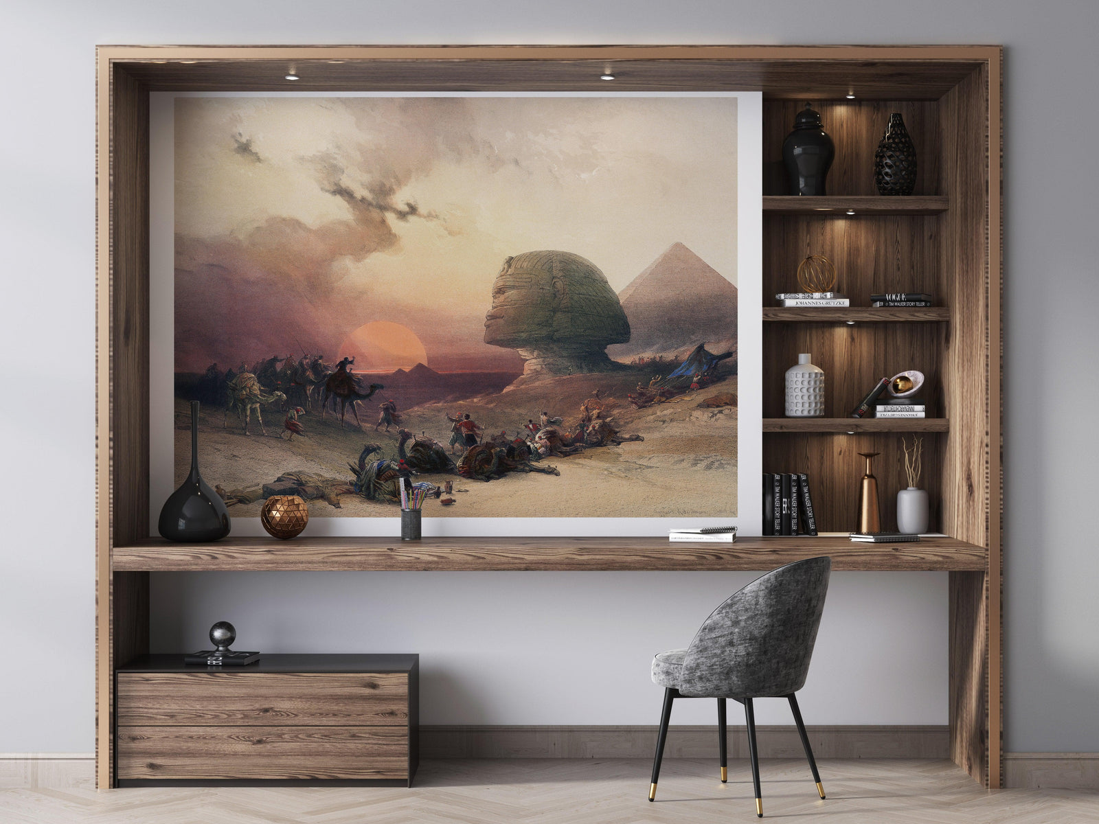 Mural de las pirámides del Antiguo Egipto. Ilustración de David Roberts sobre el acercamiento al desierto de Giza. #6343