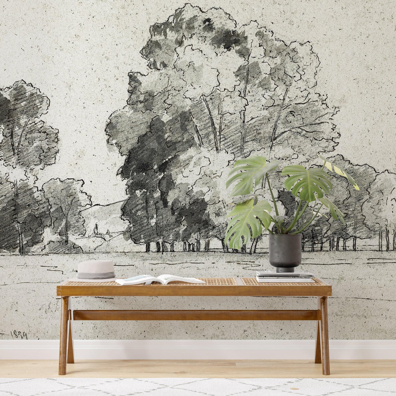 Mural autoadhesivo con árboles del bosque, dibujo de la arboleda de Camille Pissarro. #6344 
