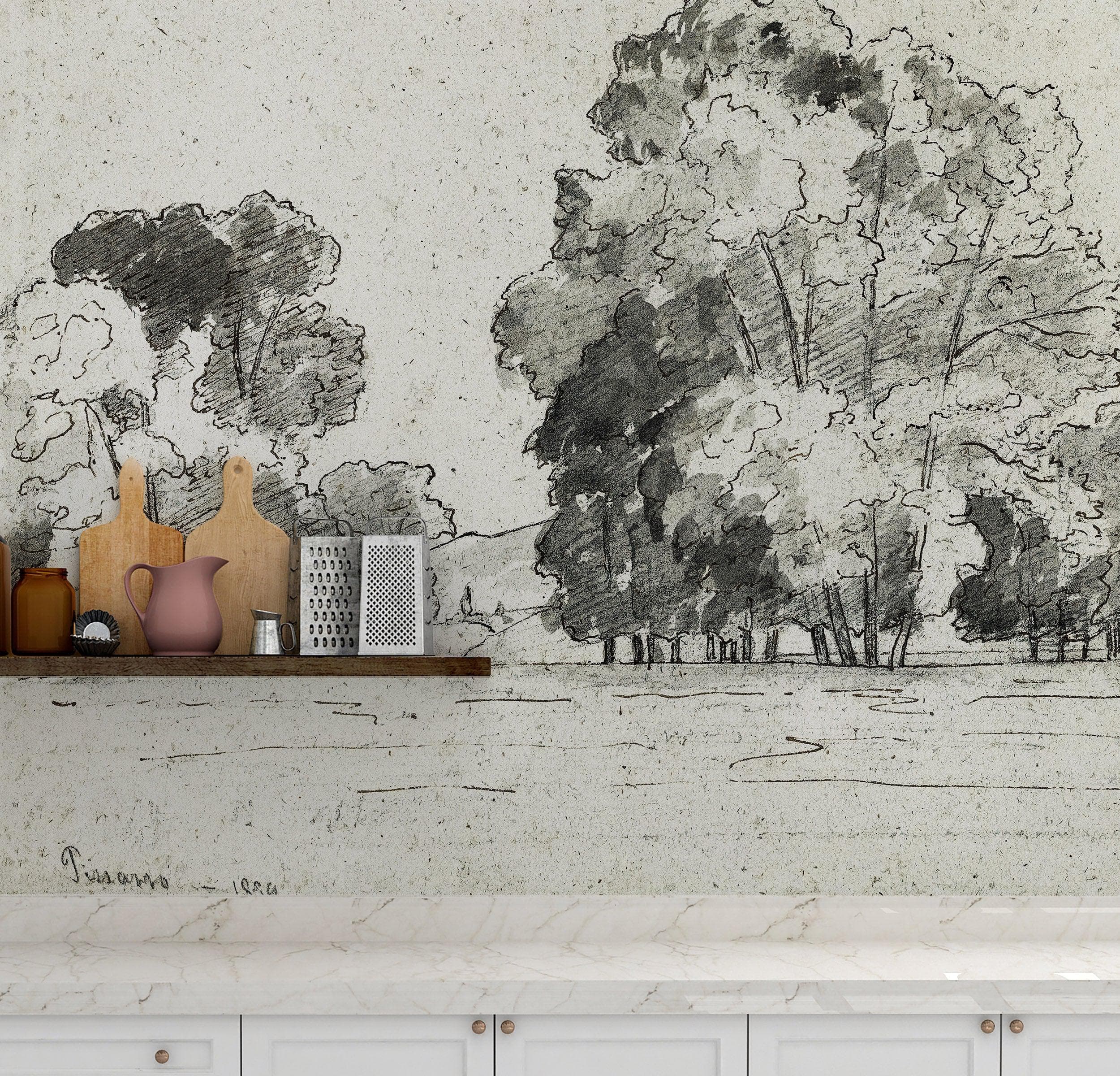 Mural autoadhesivo con árboles del bosque, dibujo de la arboleda de Camille Pissarro. #6344 