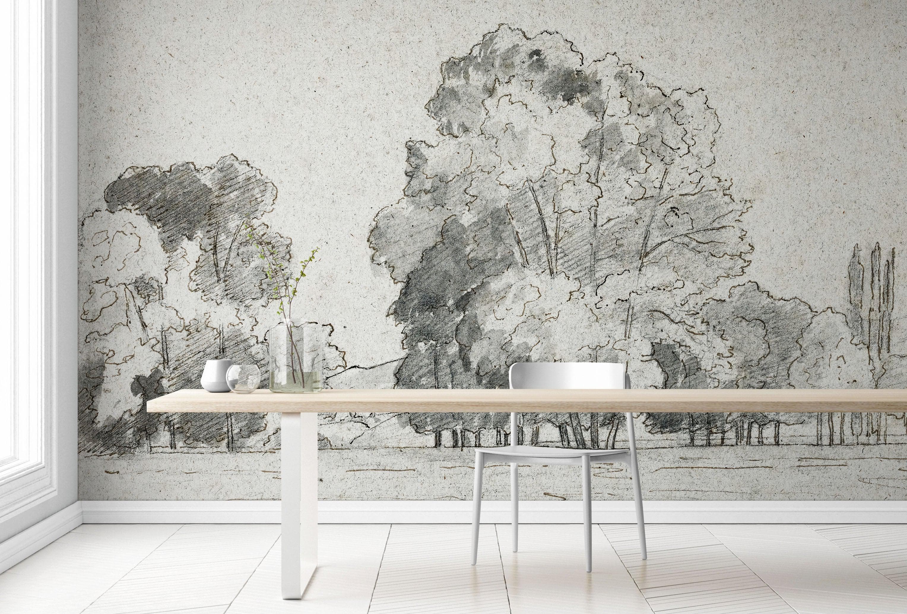 Mural autoadhesivo con árboles del bosque, dibujo de la arboleda de Camille Pissarro. #6344 