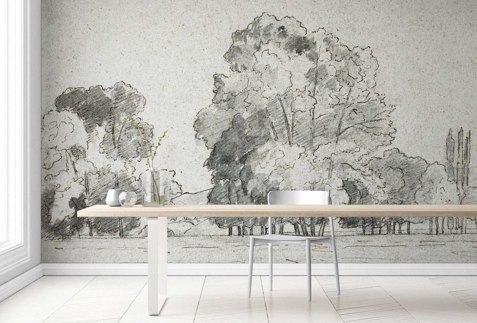 Mural autoadhesivo con árboles del bosque, dibujo de la arboleda de Camille Pissarro. #6344 