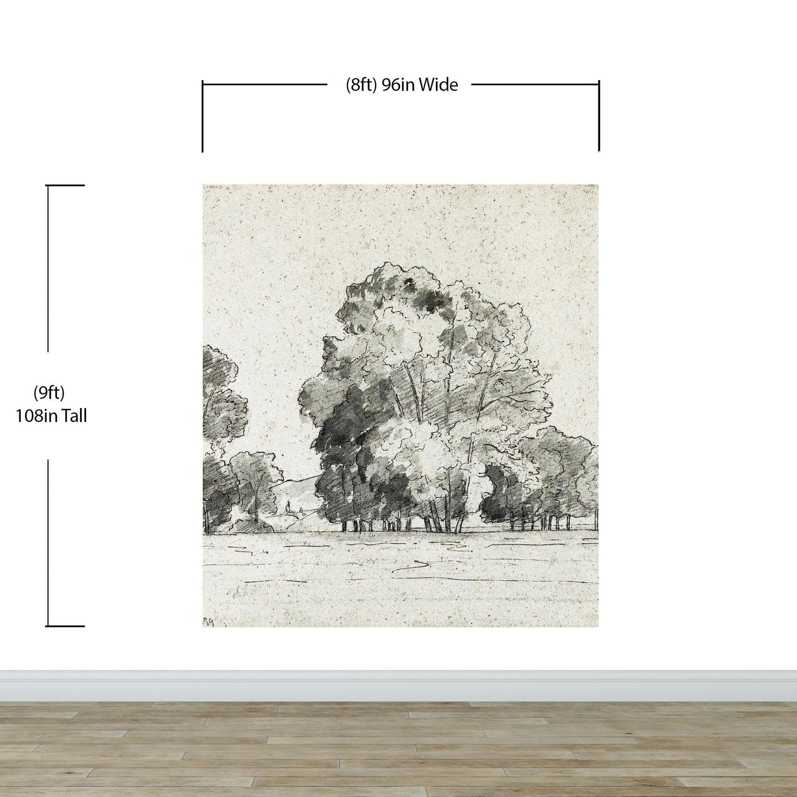 Mural autoadhesivo con árboles del bosque, dibujo de la arboleda de Camille Pissarro. #6344 