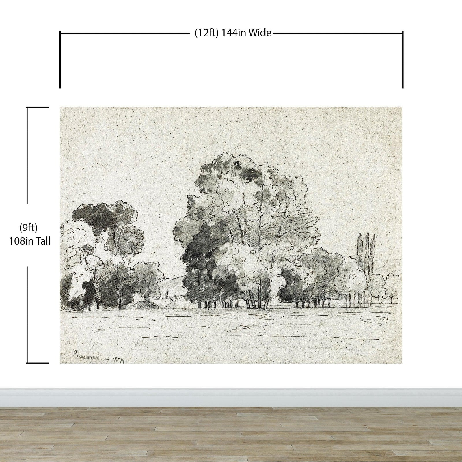 Mural autoadhesivo con árboles del bosque, dibujo de la arboleda de Camille Pissarro. #6344 
