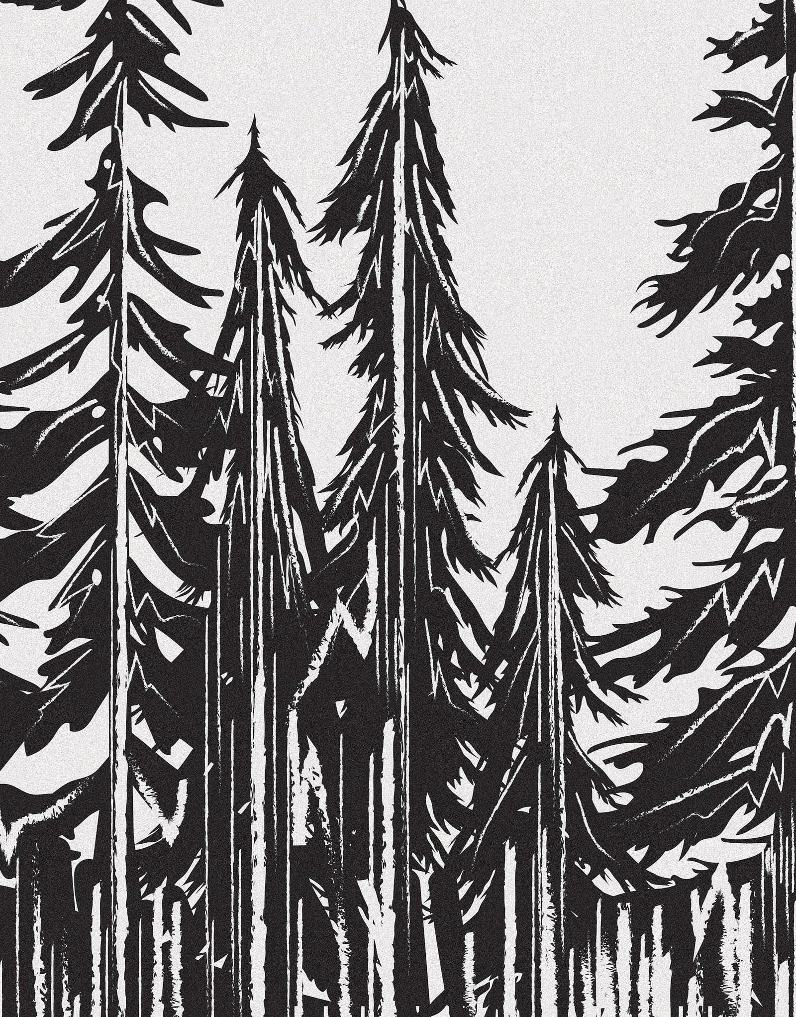Mural de pared con ilustración grunge de troncos de árboles forestales. Papel tapiz autoadhesivo. Líneas abstractas, siluetas, paisajes al aire libre. #6345