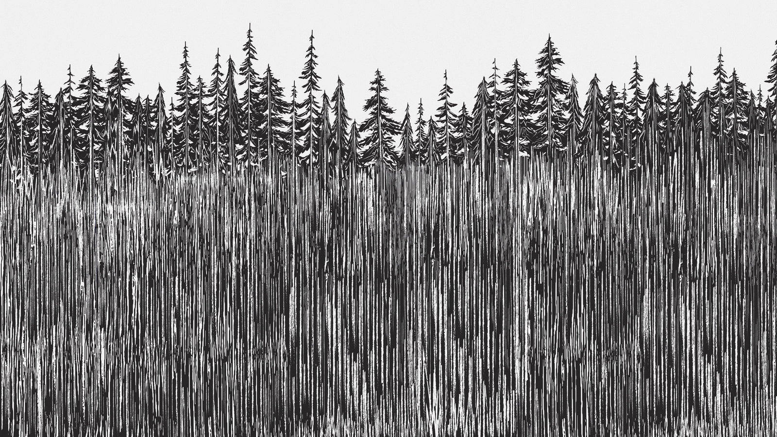 Mural de pared con ilustración grunge de troncos de árboles forestales. Papel tapiz autoadhesivo. Líneas abstractas, siluetas, paisajes al aire libre. #6345