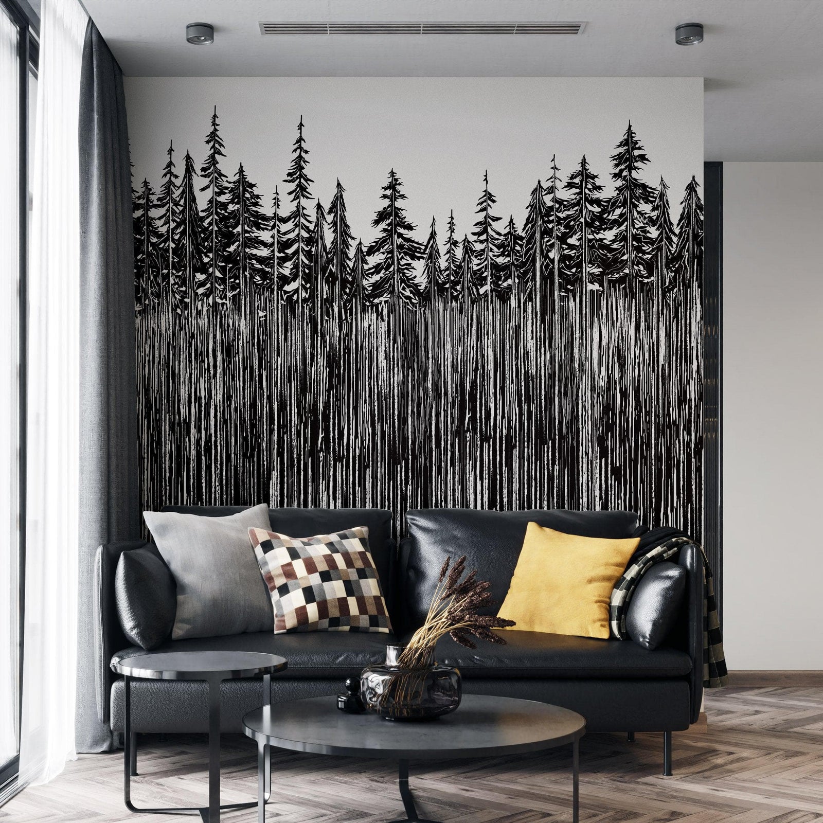 Mural de pared con ilustración grunge de troncos de árboles forestales. Papel tapiz autoadhesivo. Líneas abstractas, siluetas, paisajes al aire libre. #6345