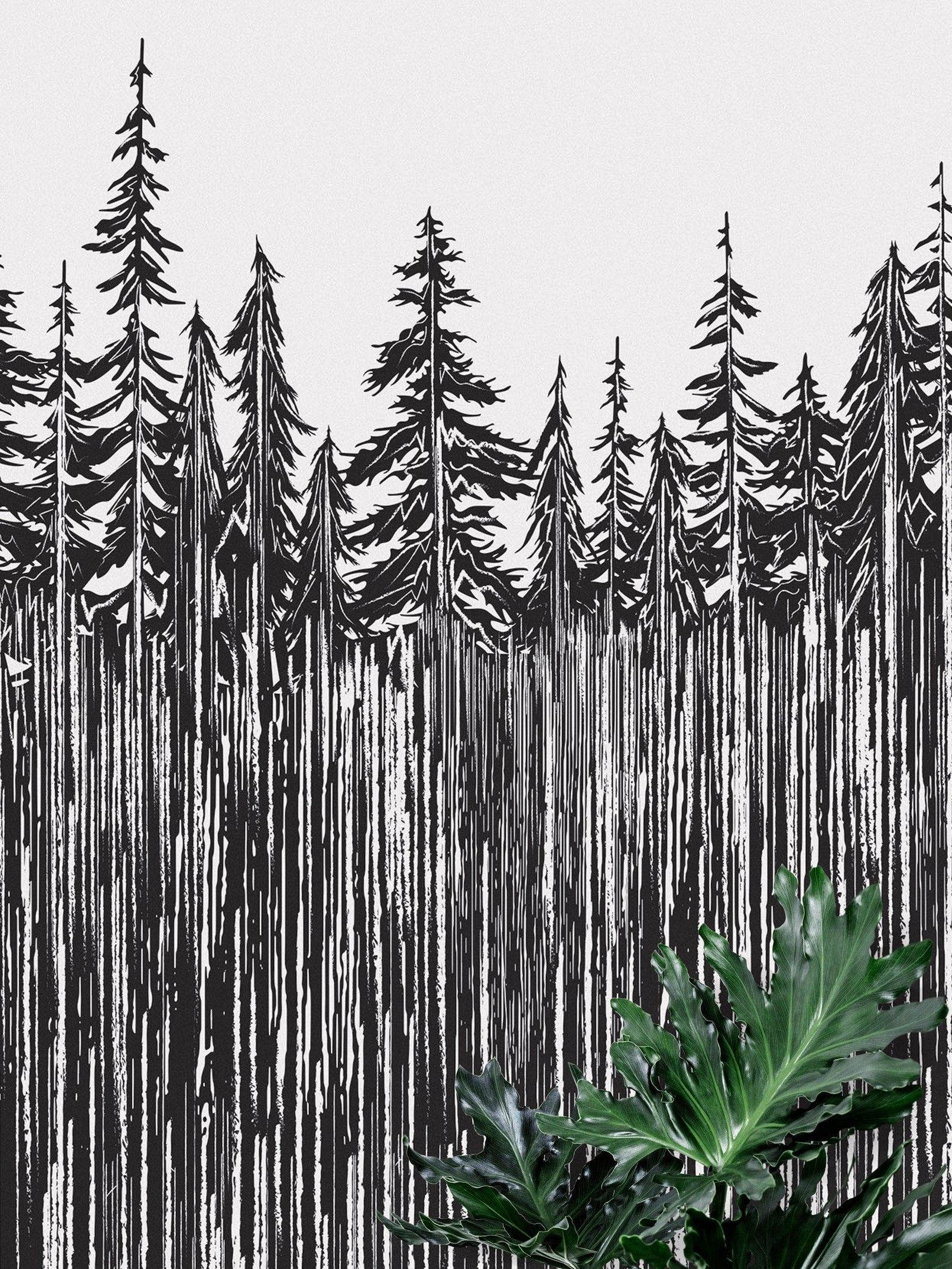 Mural de pared con ilustración grunge de troncos de árboles forestales. Papel tapiz autoadhesivo. Líneas abstractas, siluetas, paisajes al aire libre. #6345
