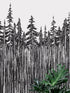 Mural de pared con ilustración grunge de troncos de árboles forestales. Papel tapiz autoadhesivo. Líneas abstractas, siluetas, paisajes al aire libre. #6345