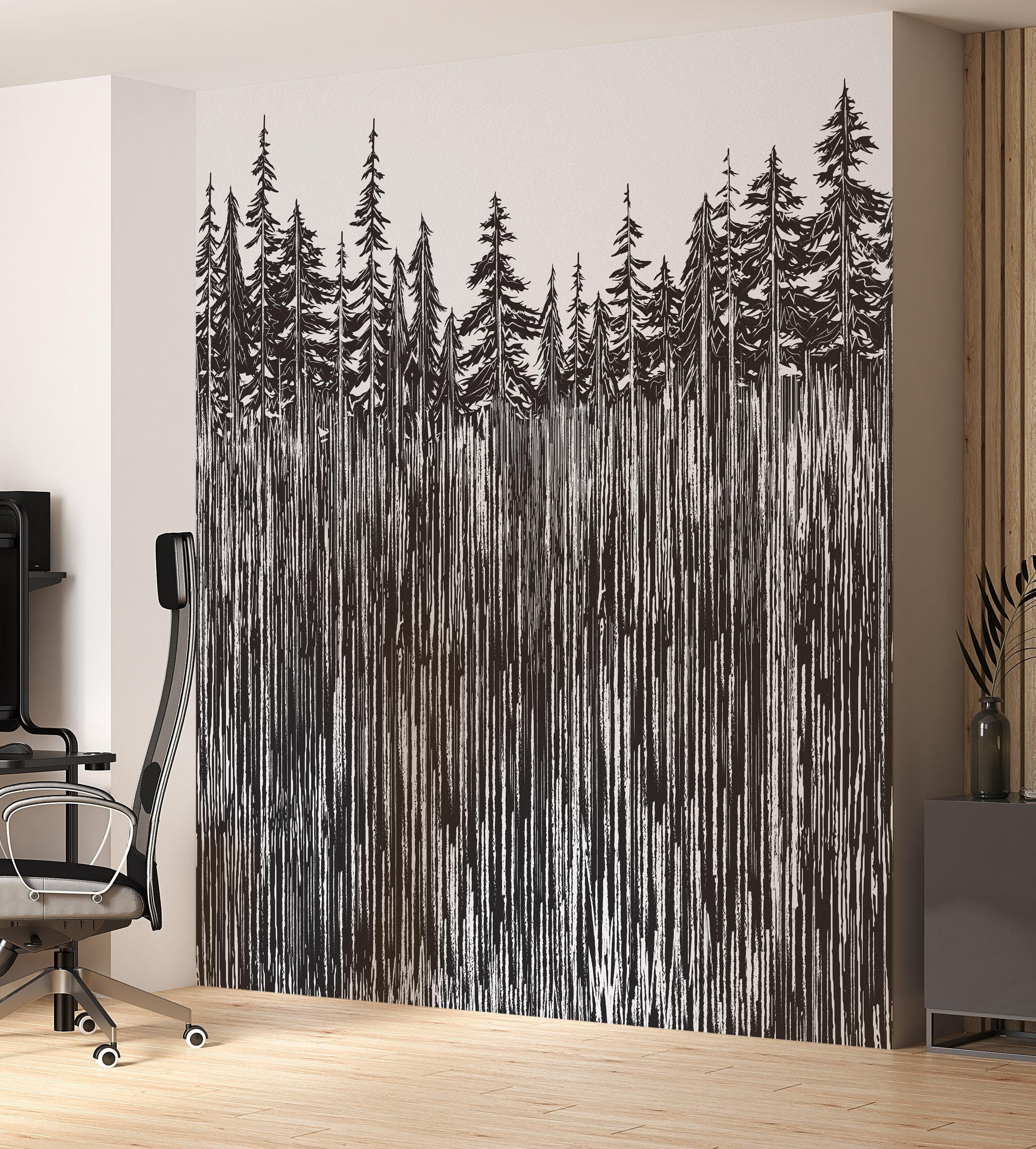 Mural de pared con ilustración grunge de troncos de árboles forestales. Papel tapiz autoadhesivo. Líneas abstractas, siluetas, paisajes al aire libre. #6345