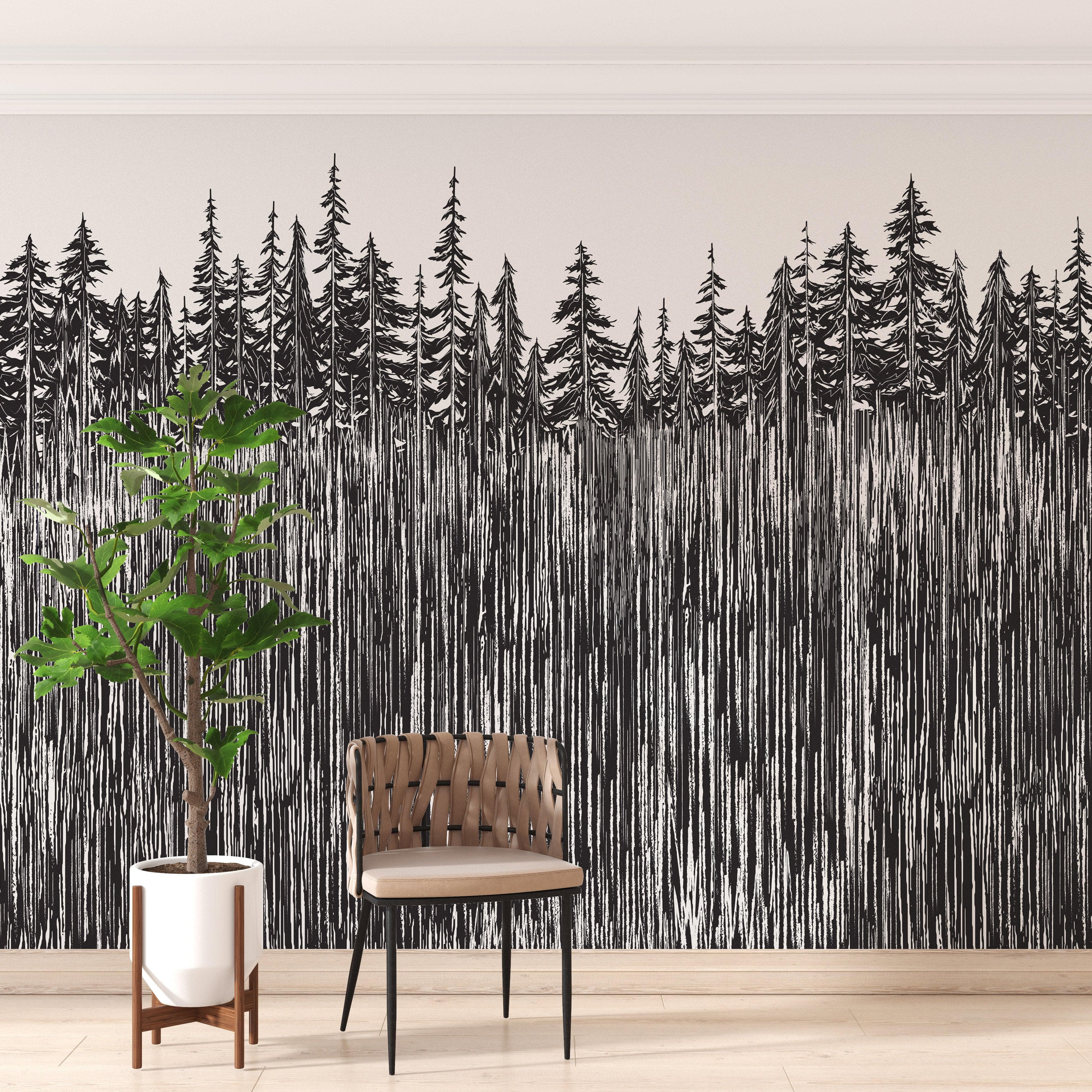 Mural de pared con ilustración grunge de troncos de árboles forestales. Papel tapiz autoadhesivo. Líneas abstractas, siluetas, paisajes al aire libre. #6345