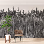 Mural de pared con ilustración grunge de troncos de árboles forestales. Papel tapiz autoadhesivo. Líneas abstractas, siluetas, paisajes al aire libre. #6345