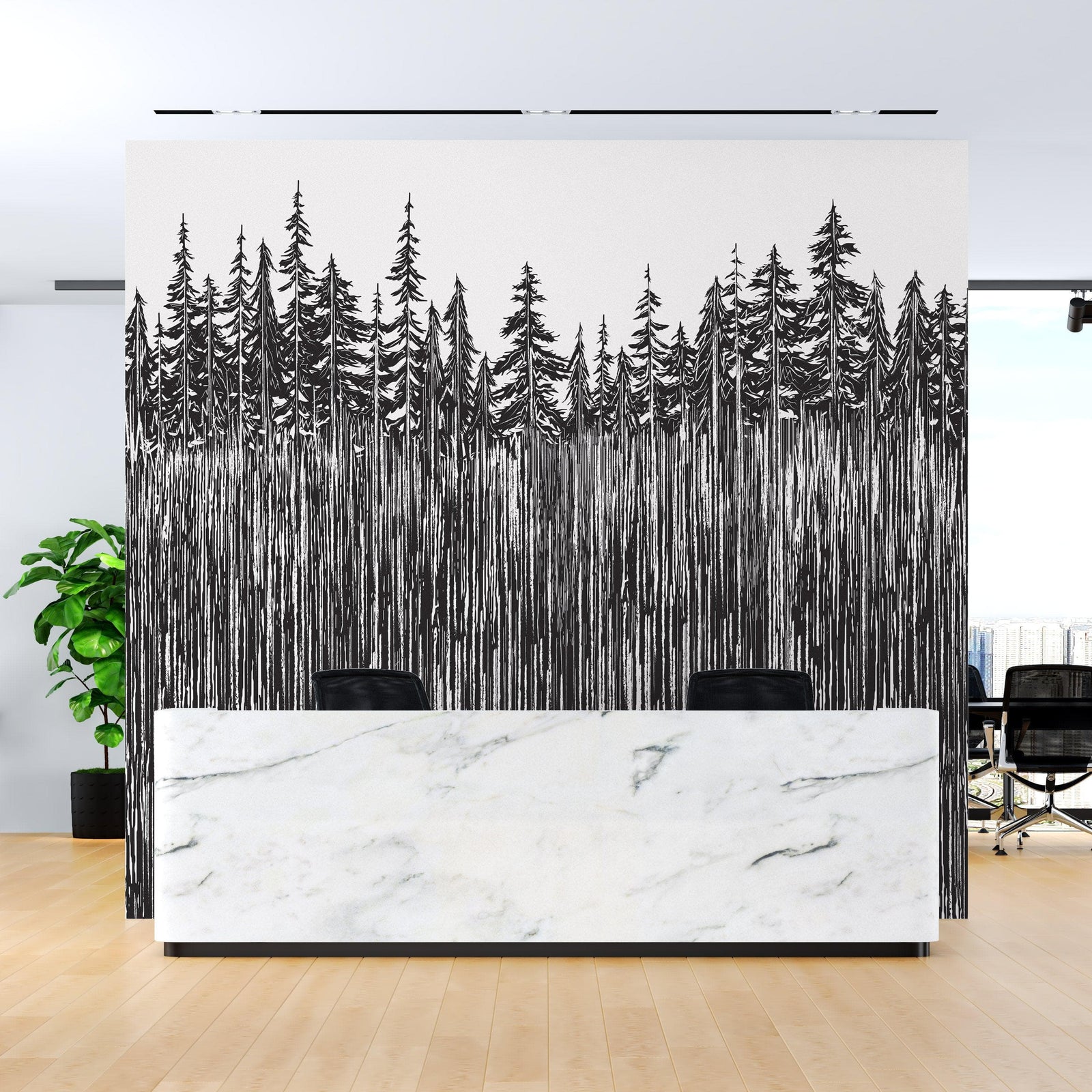 Mural de pared con ilustración grunge de troncos de árboles forestales. Papel tapiz autoadhesivo. Líneas abstractas, siluetas, paisajes al aire libre. #6345