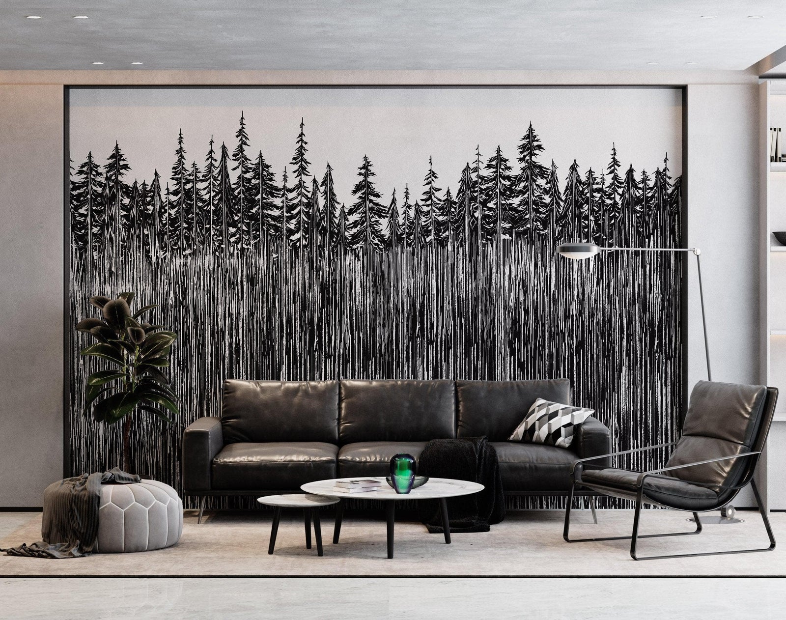 Mural de pared con ilustración grunge de troncos de árboles forestales. Papel tapiz autoadhesivo. Líneas abstractas, siluetas, paisajes al aire libre. #6345