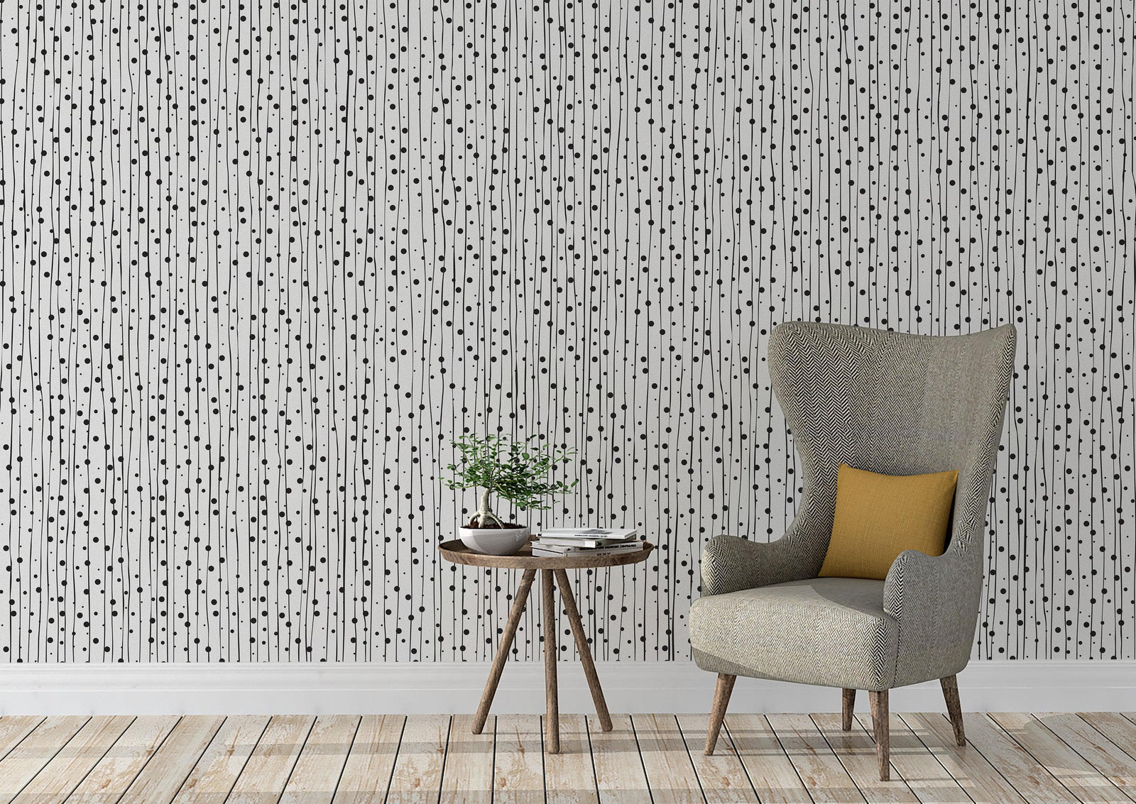 Mural de pared con patrón elegante de líneas y puntos verticales finos dibujados a mano. Papel tapiz autoadhesivo. N.º 6346
