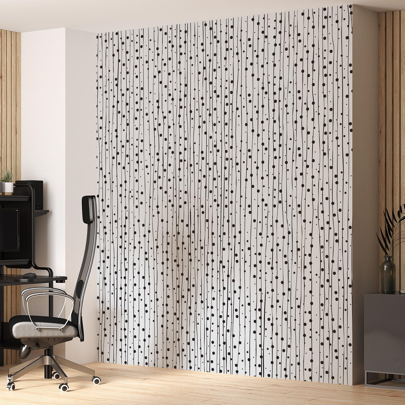 Mural de pared con patrón elegante de líneas y puntos verticales finos dibujados a mano. Papel tapiz autoadhesivo. N.º 6346