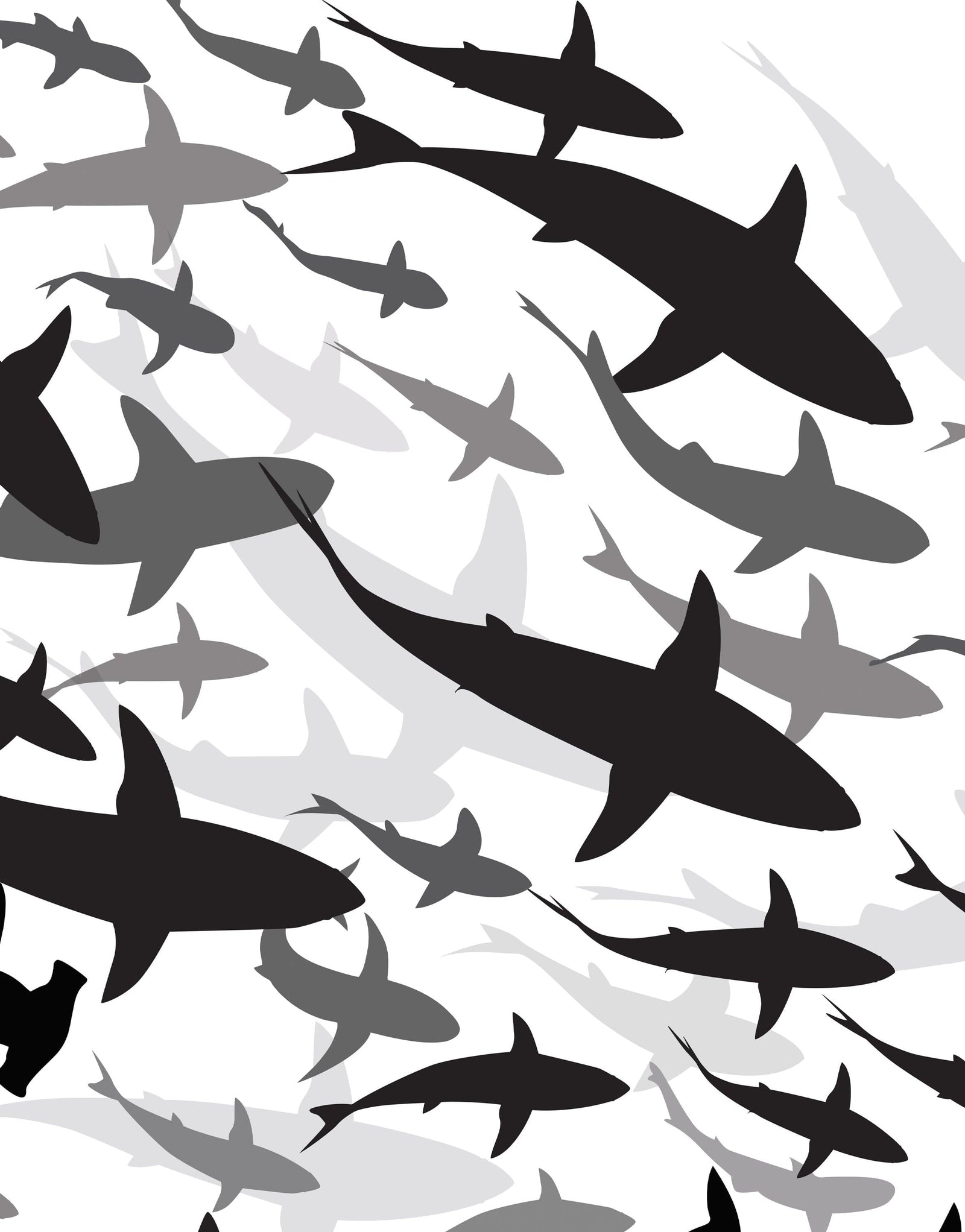 Mural submarino Shark Frenzy. Papel tapiz autoadhesivo. Siluetas de tiburones en blanco y negro n.º 6347