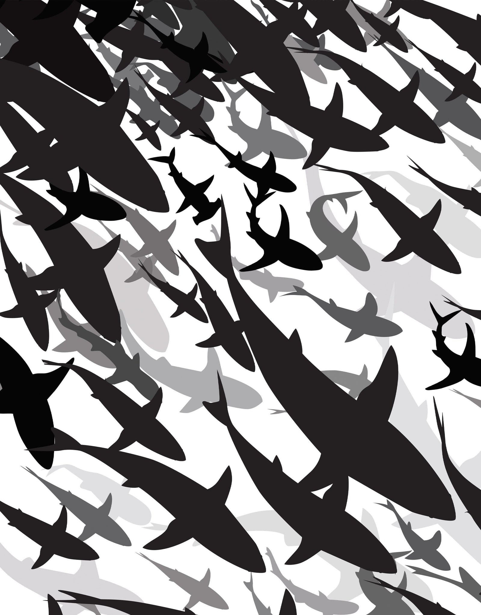 Mural submarino Shark Frenzy. Papel tapiz autoadhesivo. Siluetas de tiburones en blanco y negro n.º 6347