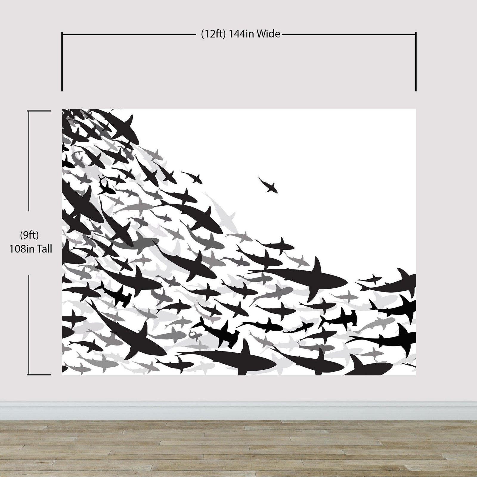 Mural submarino Shark Frenzy. Papel tapiz autoadhesivo. Siluetas de tiburones en blanco y negro n.º 6347