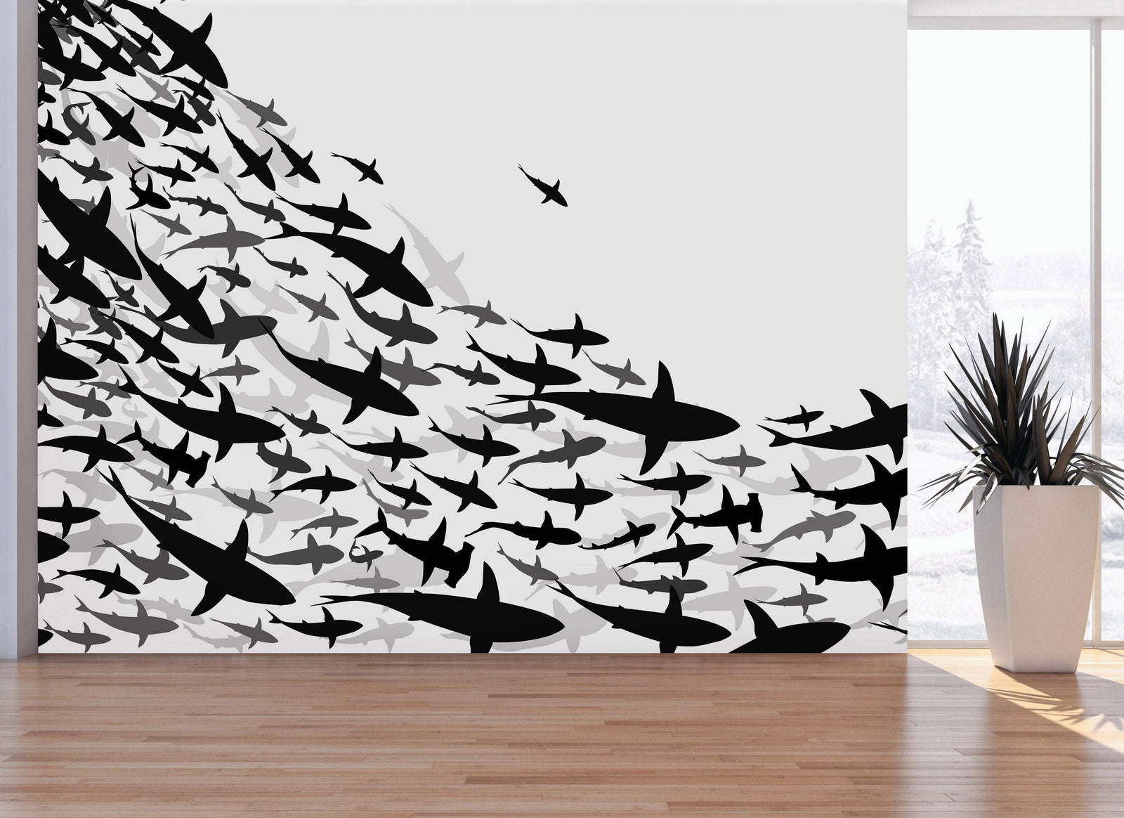 Mural submarino Shark Frenzy. Papel tapiz autoadhesivo. Siluetas de tiburones en blanco y negro n.º 6347