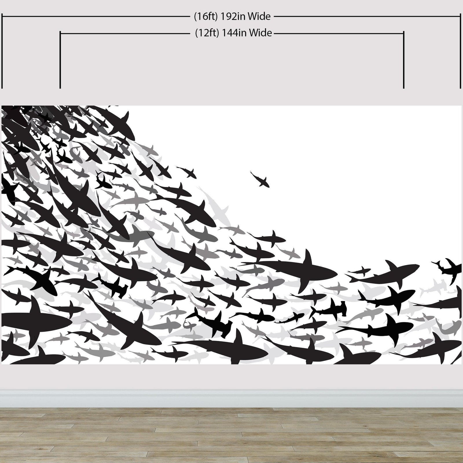 Mural submarino Shark Frenzy. Papel tapiz autoadhesivo. Siluetas de tiburones en blanco y negro n.º 6347