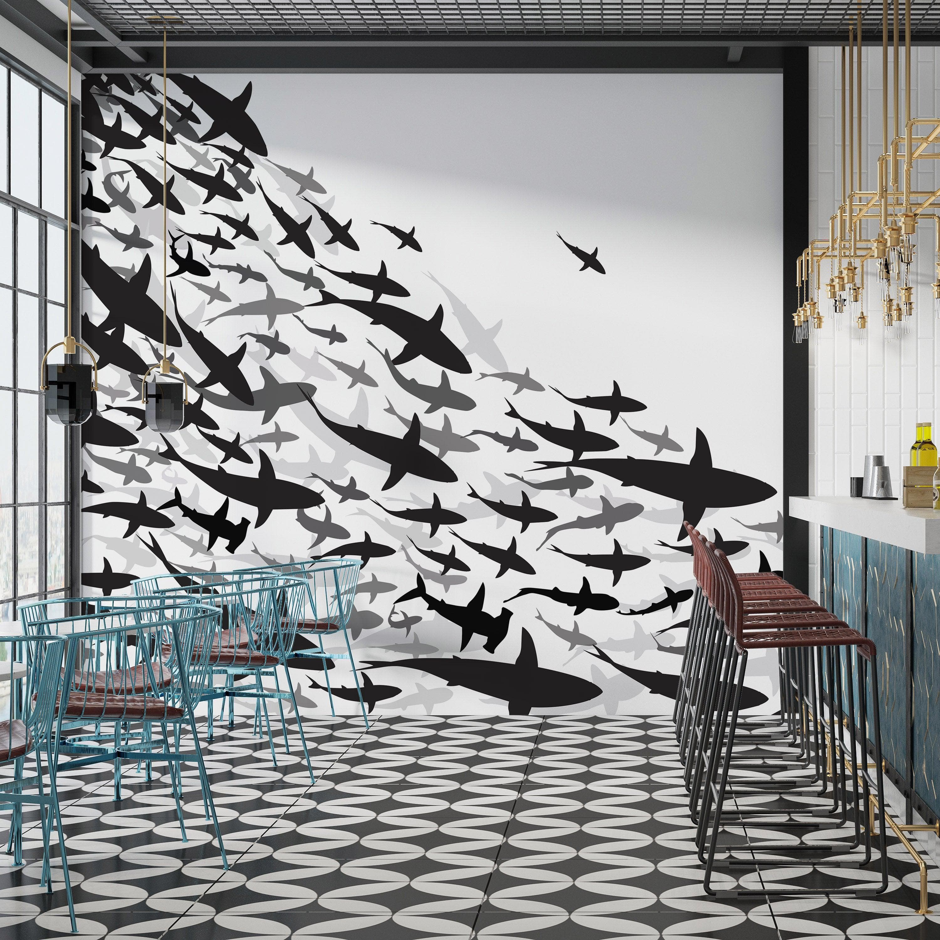 Mural submarino Shark Frenzy. Papel tapiz autoadhesivo. Siluetas de tiburones en blanco y negro n.º 6347