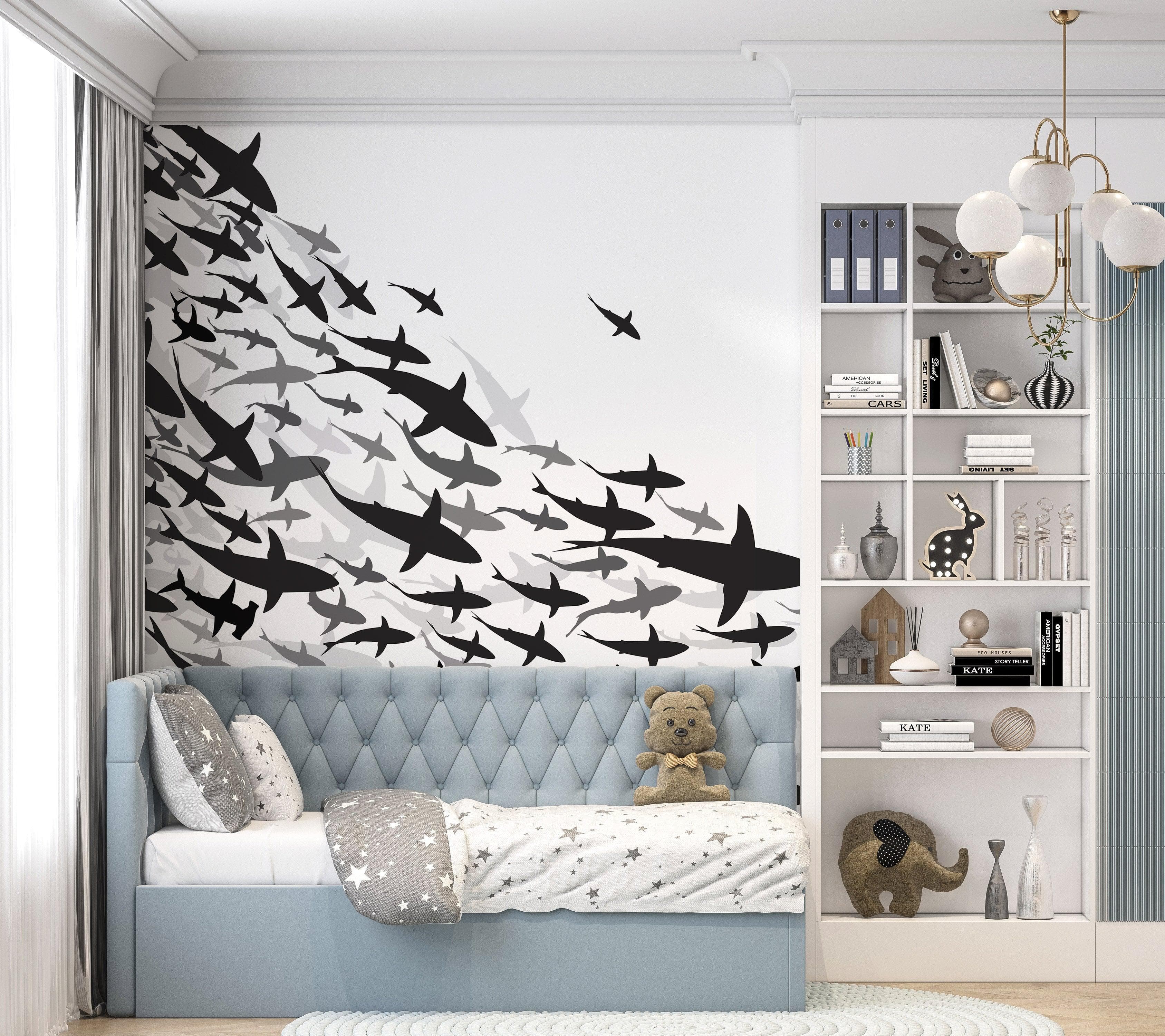 Mural submarino Shark Frenzy. Papel tapiz autoadhesivo. Siluetas de tiburones en blanco y negro n.º 6347