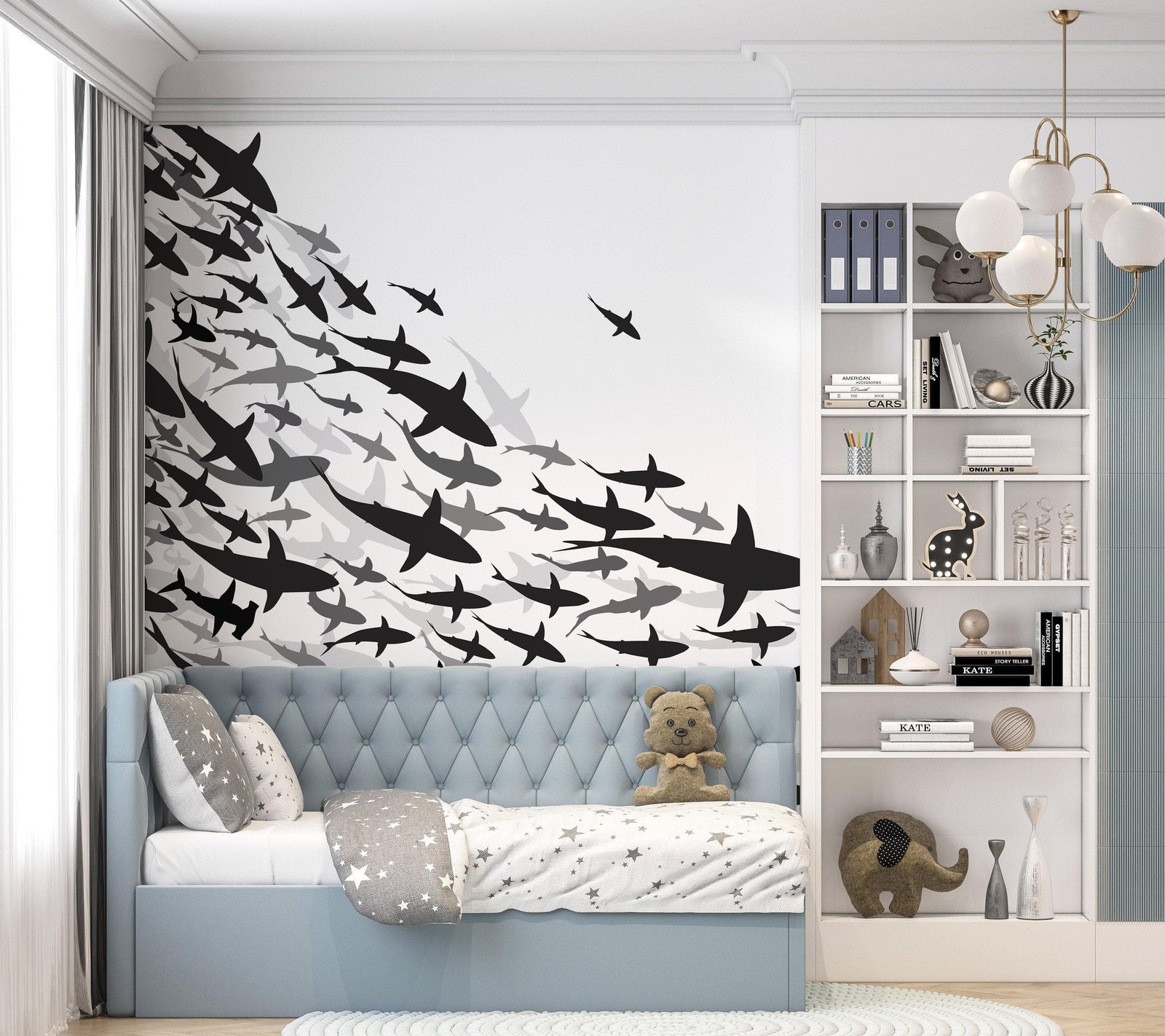 Mural submarino Shark Frenzy. Papel tapiz autoadhesivo. Siluetas de tiburones en blanco y negro n.º 6347