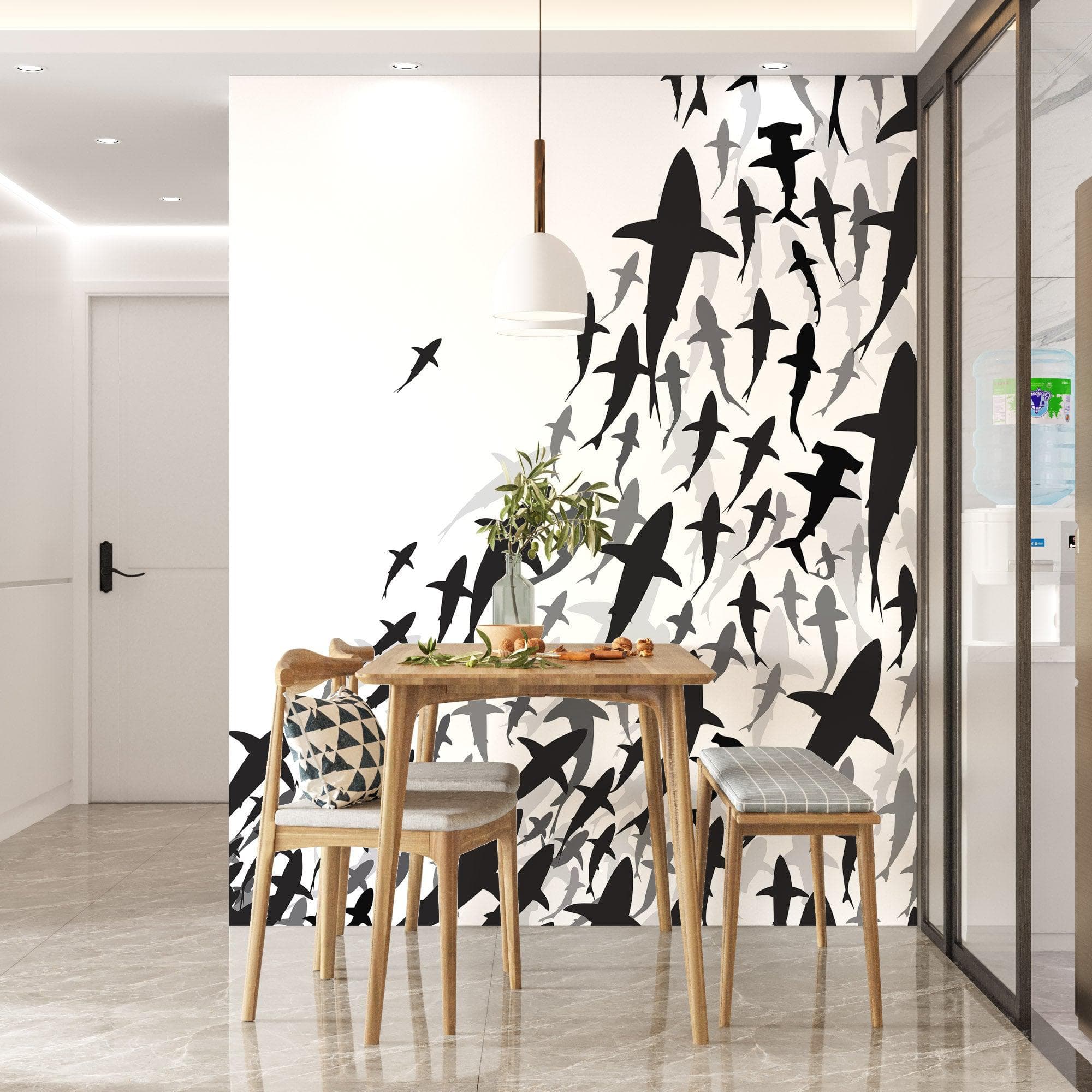 Mural submarino Shark Frenzy. Papel tapiz autoadhesivo. Siluetas de tiburones en blanco y negro n.º 6347