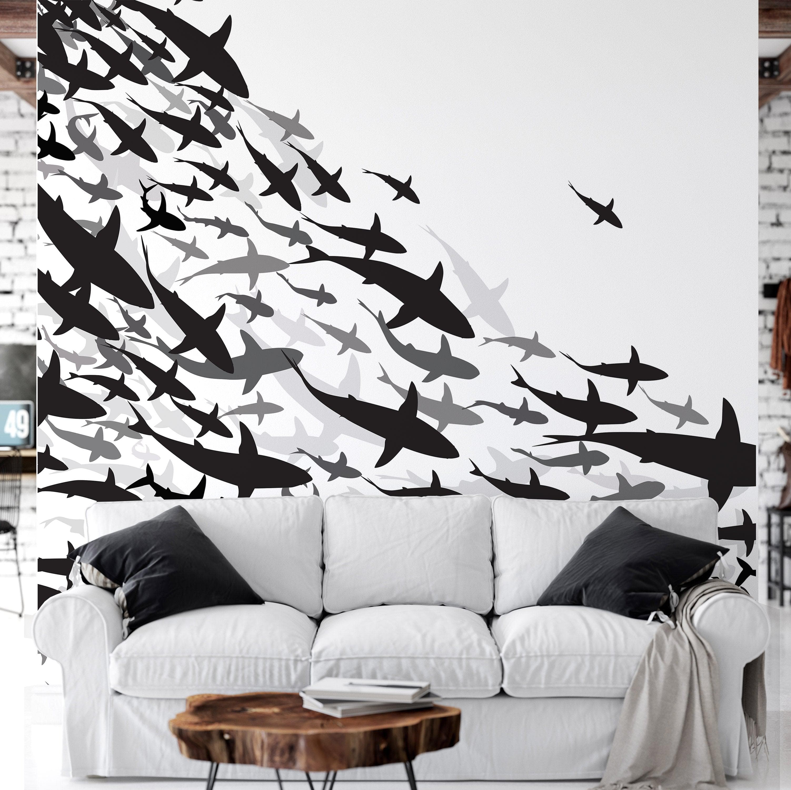 Mural submarino Shark Frenzy. Papel tapiz autoadhesivo. Siluetas de tiburones en blanco y negro n.º 6347