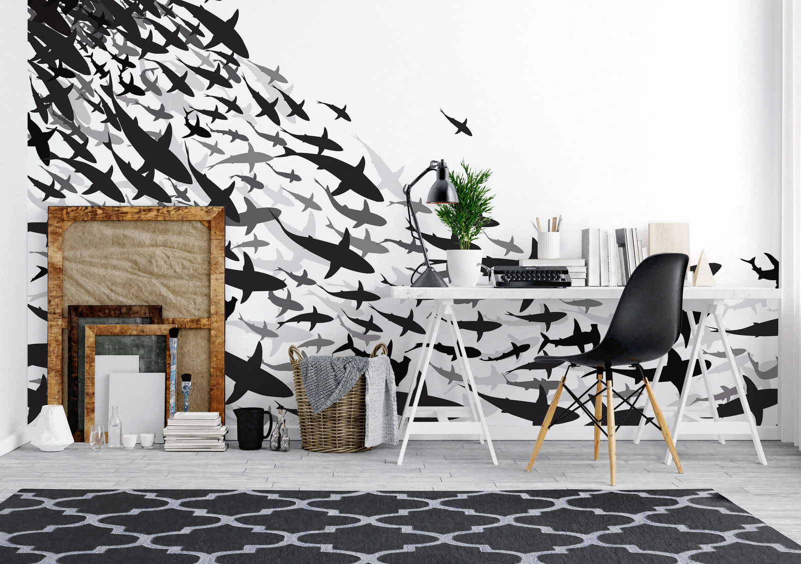 Mural submarino Shark Frenzy. Papel tapiz autoadhesivo. Siluetas de tiburones en blanco y negro n.º 6347
