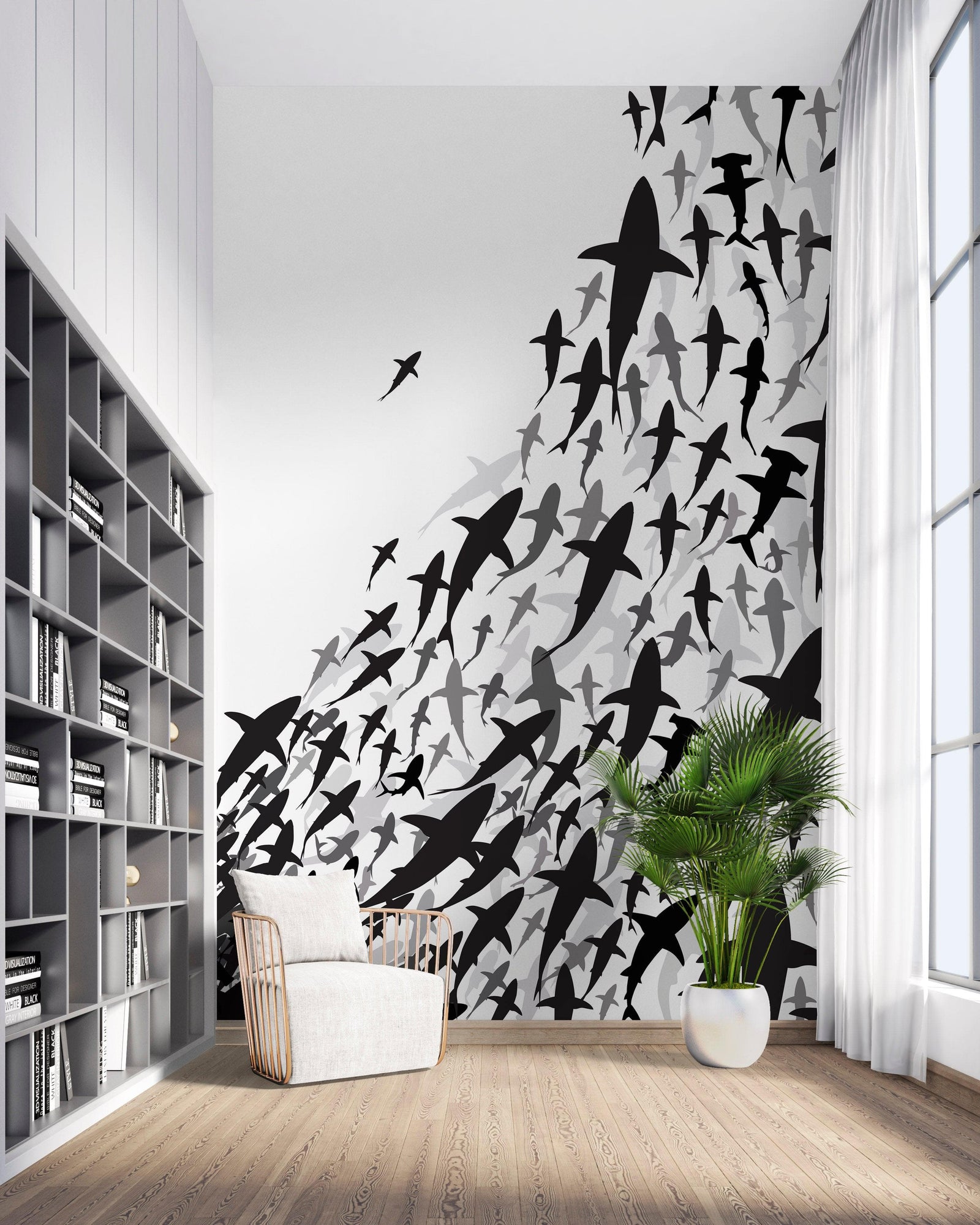 Mural submarino Shark Frenzy. Papel tapiz autoadhesivo. Siluetas de tiburones en blanco y negro n.º 6347