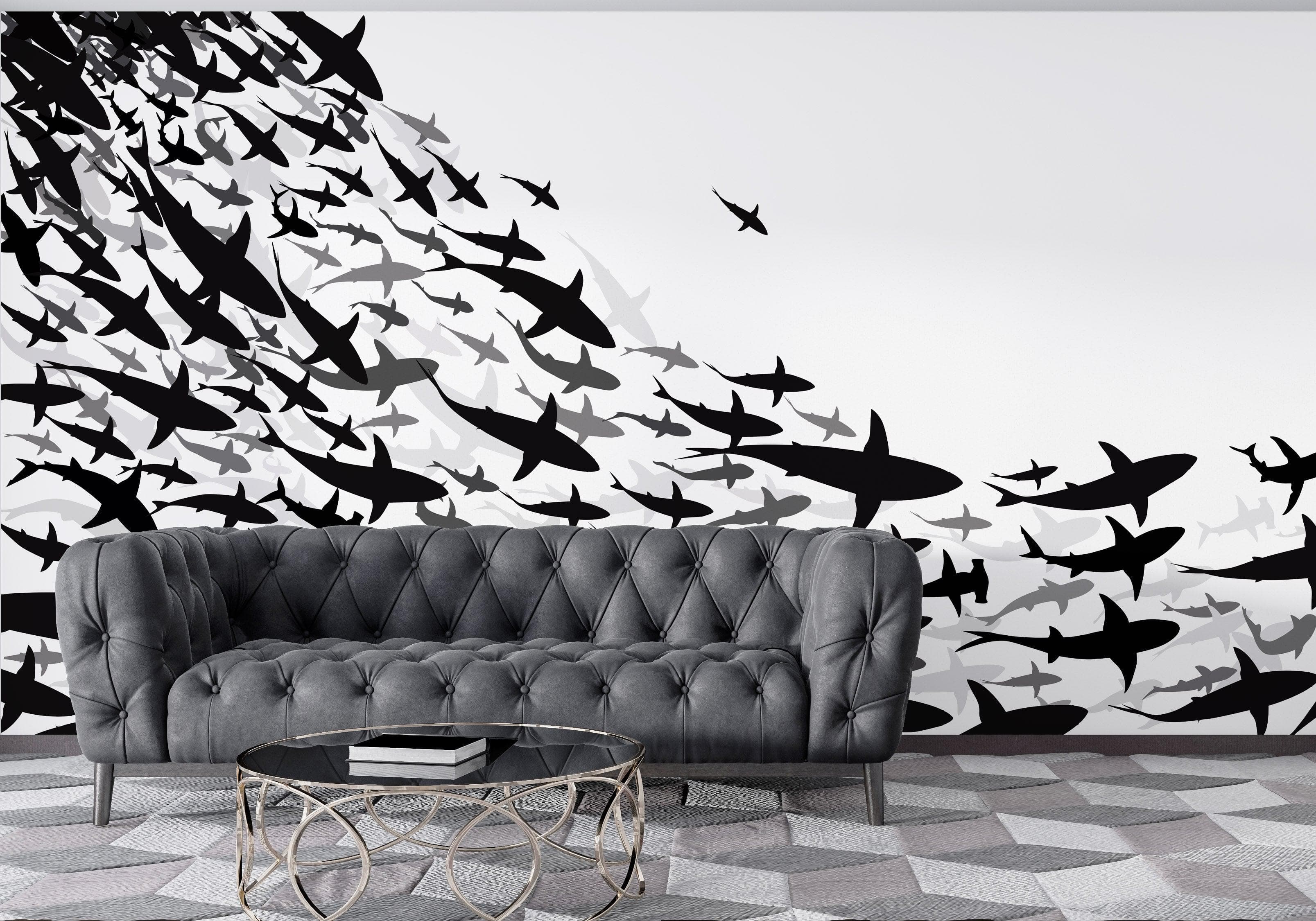 Mural submarino Shark Frenzy. Papel tapiz autoadhesivo. Siluetas de tiburones en blanco y negro n.º 6347