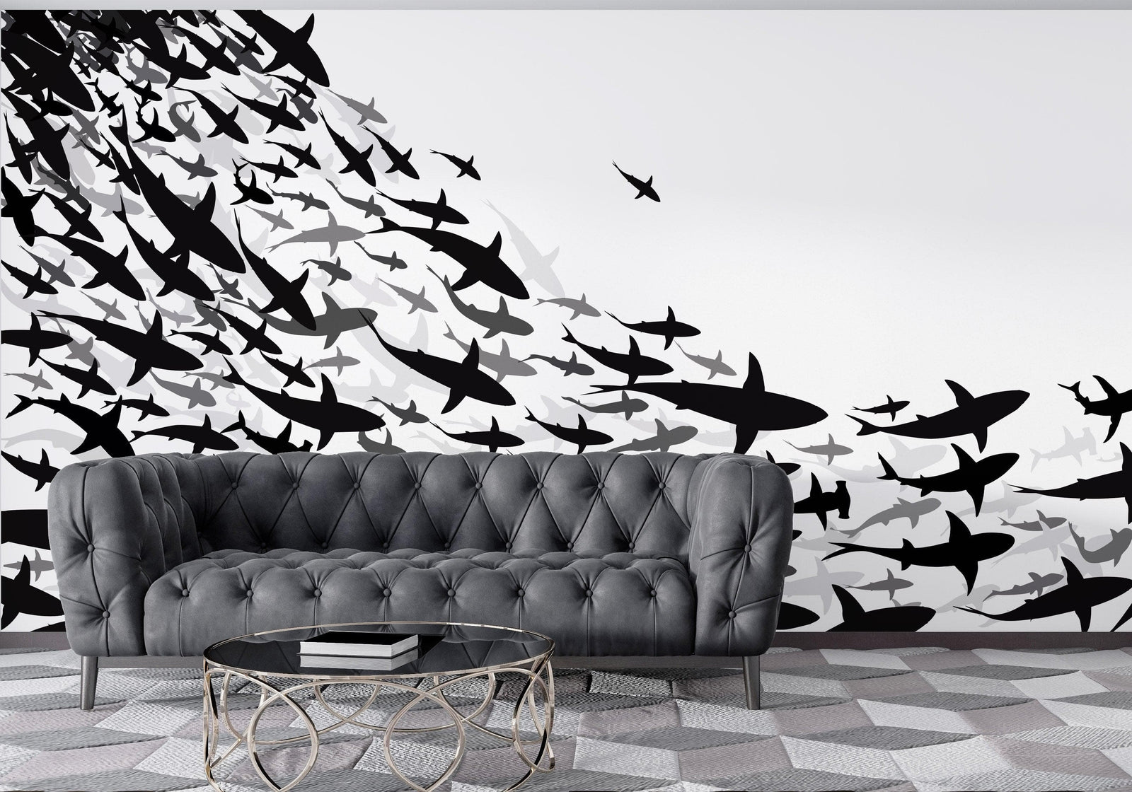 Mural submarino Shark Frenzy. Papel tapiz autoadhesivo. Siluetas de tiburones en blanco y negro n.º 6347
