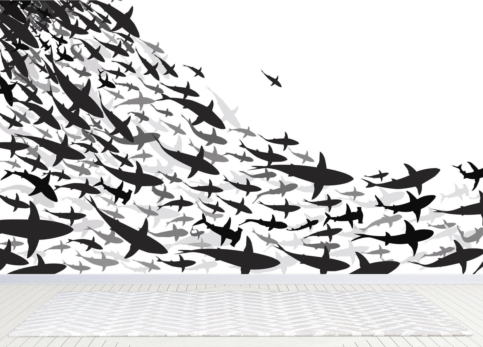 Mural submarino Shark Frenzy. Papel tapiz autoadhesivo. Siluetas de tiburones en blanco y negro n.º 6347