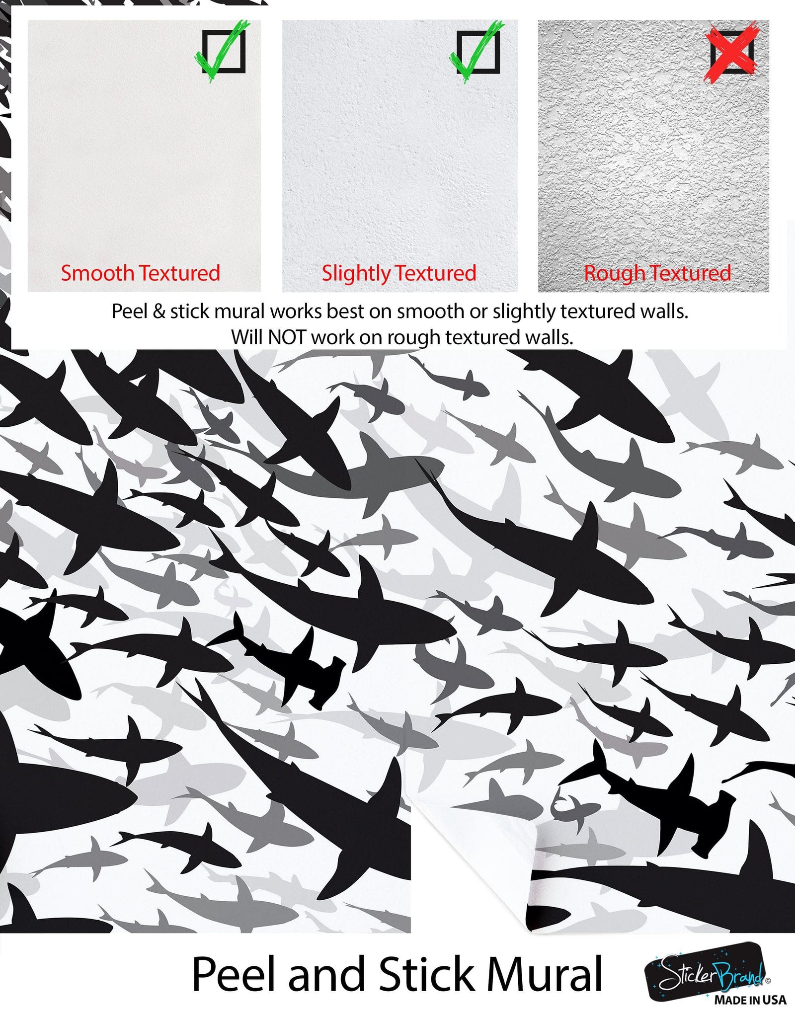 Mural submarino Shark Frenzy. Papel tapiz autoadhesivo. Siluetas de tiburones en blanco y negro n.º 6347