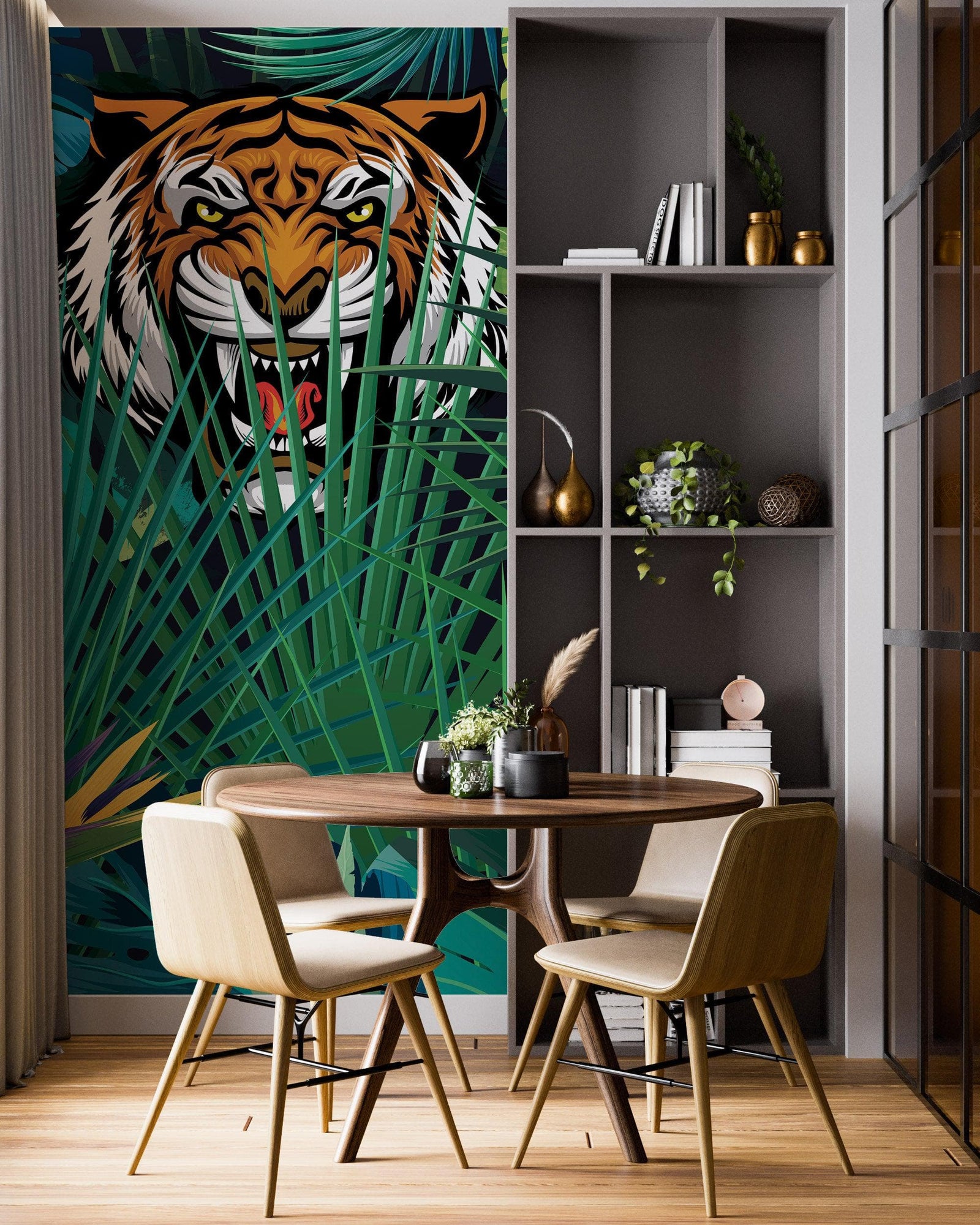 Mural de pared Tigre escondido tras las hojas de la jungla. Papel pintado autoadhesivo. Ilustración de vida salvaje de safari. #6351