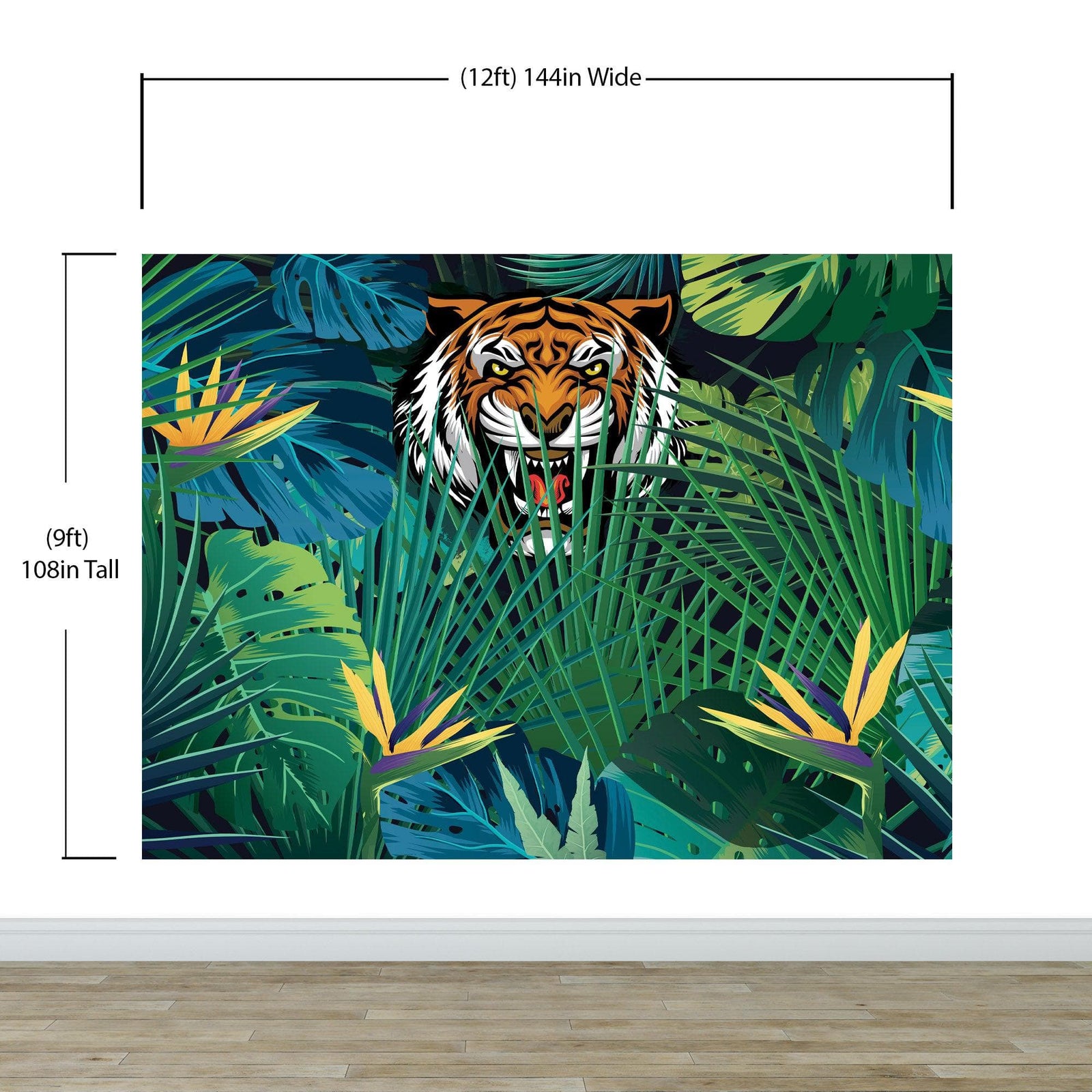 Mural de pared Tigre escondido tras las hojas de la jungla. Papel pintado autoadhesivo. Ilustración de vida salvaje de safari. #6351
