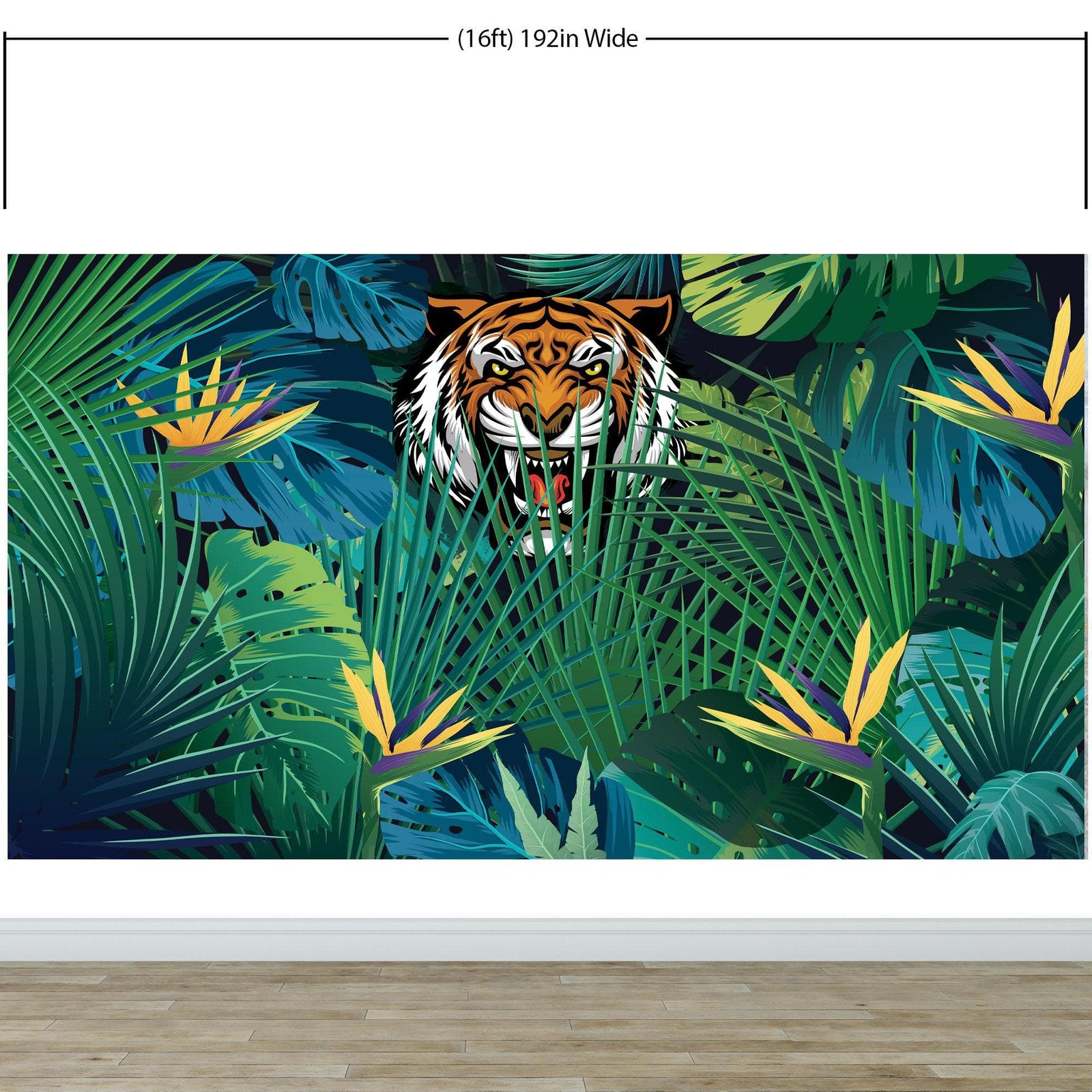 Mural de pared Tigre escondido tras las hojas de la jungla. Papel pintado autoadhesivo. Ilustración de vida salvaje de safari. #6351