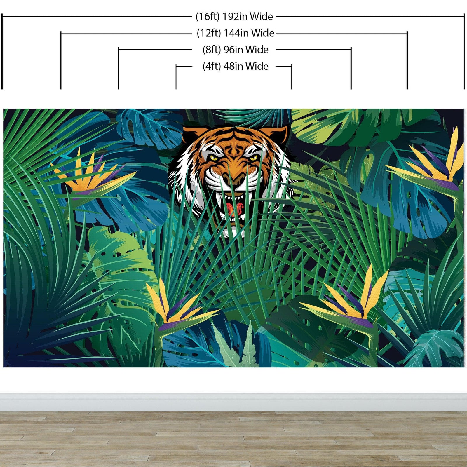 Mural de pared Tigre escondido tras las hojas de la jungla. Papel pintado autoadhesivo. Ilustración de vida salvaje de safari. #6351