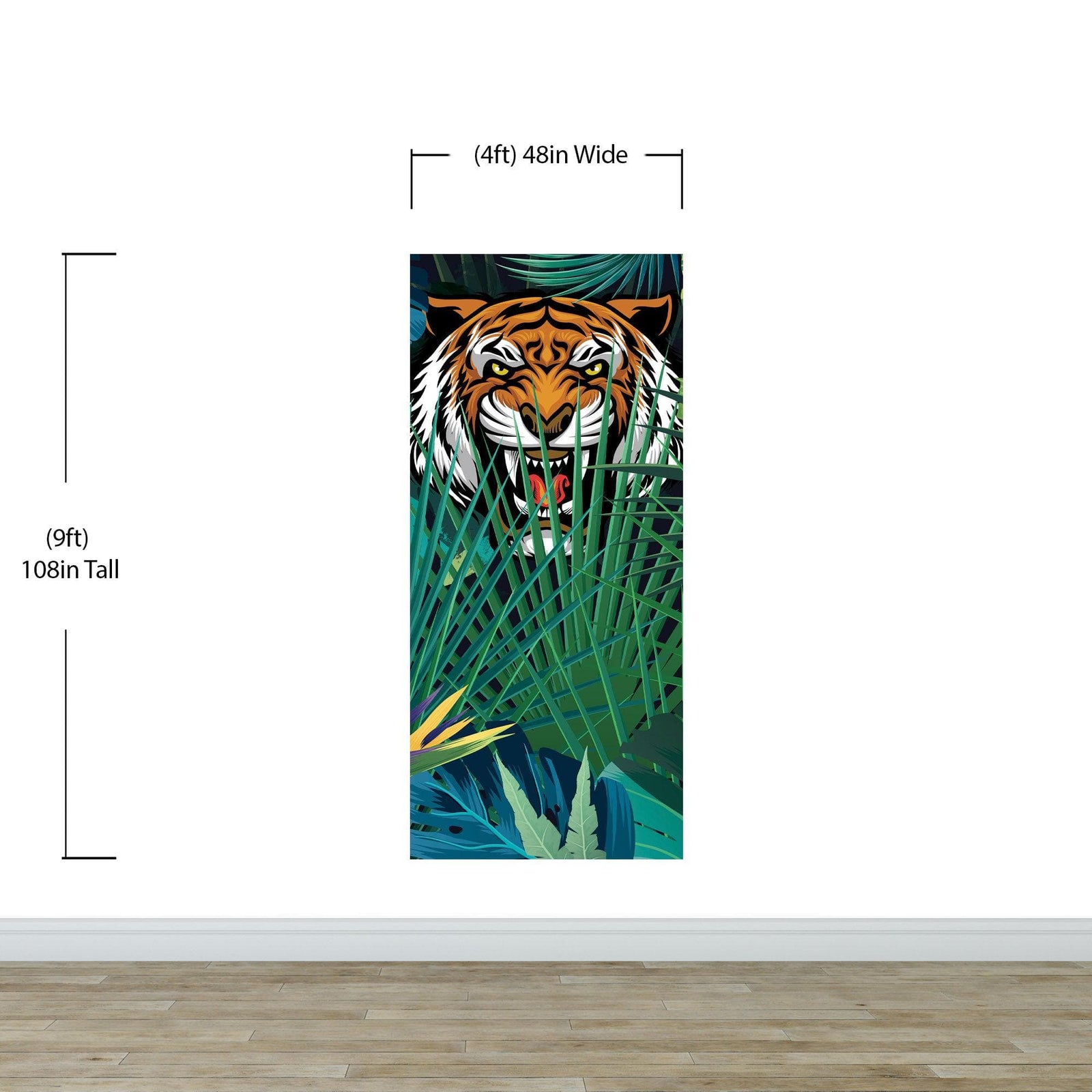 Mural de pared Tigre escondido tras las hojas de la jungla. Papel pintado autoadhesivo. Ilustración de vida salvaje de safari. #6351